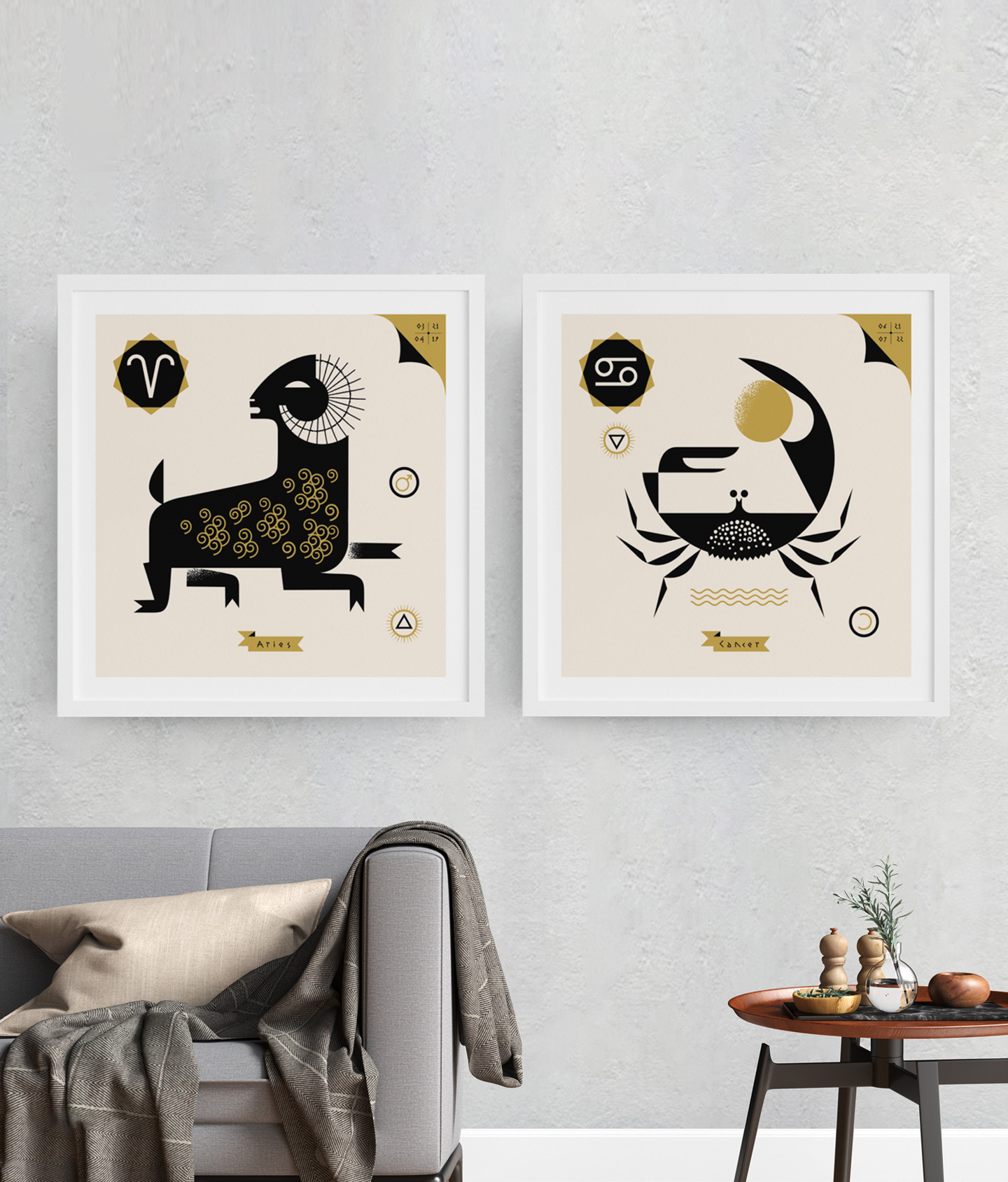 Aries and Cancer zodiac art prints displayed as framed astrology wall art