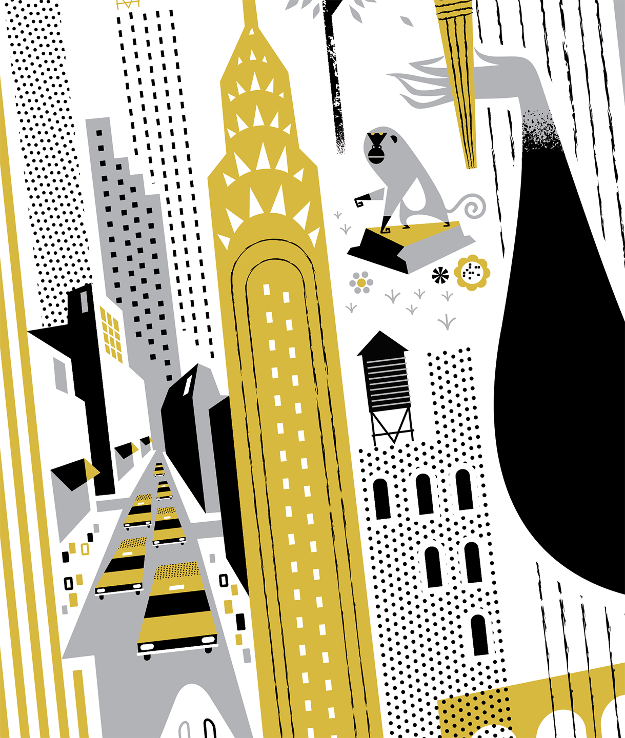 Detail from Empire Goddess artwork showing stylized New York City skyline including the Chrysler Building, taxis, and architectural elements in black, gray, and gold.