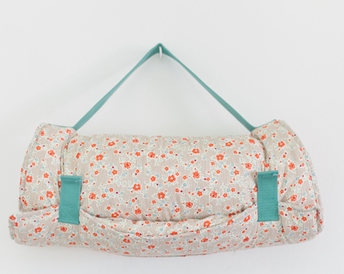 Little Bean Nap Mat in Coral Flowers + Brown Stripe with Aqua Strap, $150-.png