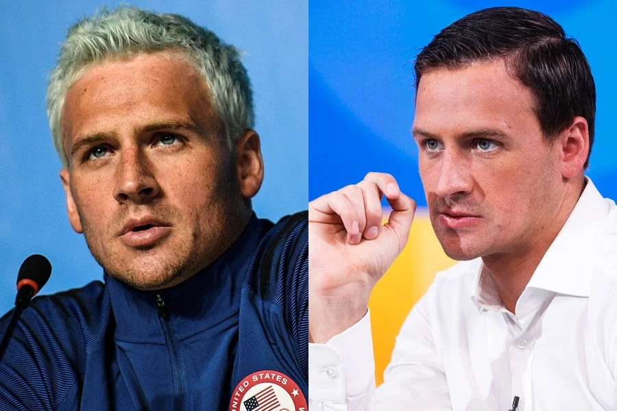 Left, Ryan Lochte at a press conference in Rio during the Olympic Games early in August; Right, Lochte filmed giving a formal apology on Good Morning America at the end of the same month. Left, by Martin Bureau/AFP, right, by Lou Rocco/ABC, both from Getty Images.