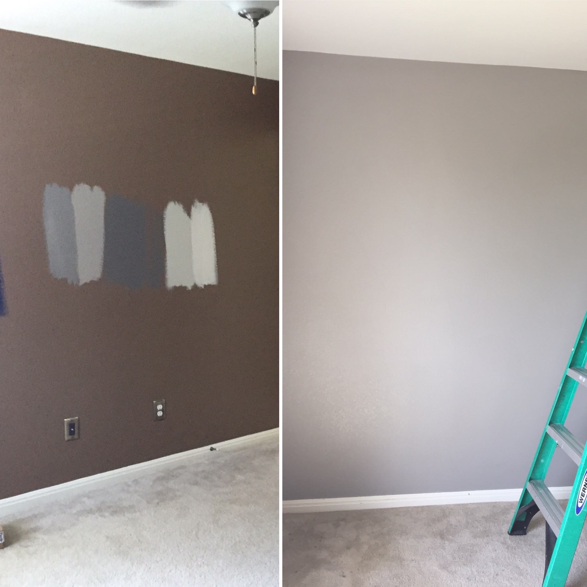 Aiden, my younger son's room. Here it was brown before and we changed it to SW Repose for walls and ceiling is SW Eider white
