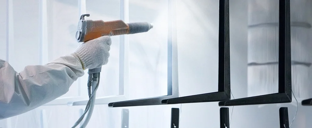 Person spraying metal parts with a white powder coat for corrosion protection.