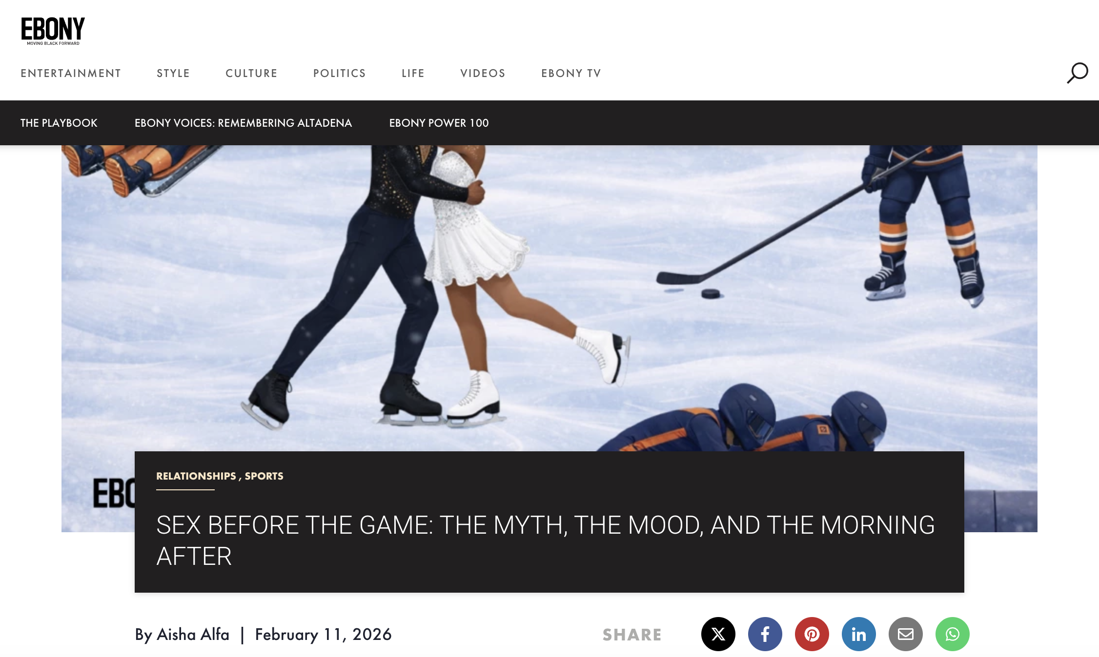 Cartoonish images of athletes doing winter Olympic sports with some implied romantic undertones.