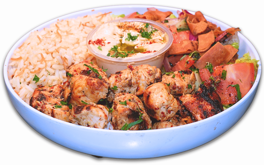 Chicken kabob plate at ANI Catering & Cafe in Belmont, MA — grilled chicken kabob pieces served with Lebanese rice pilaf, creamy hummus, and fresh fattoush salad