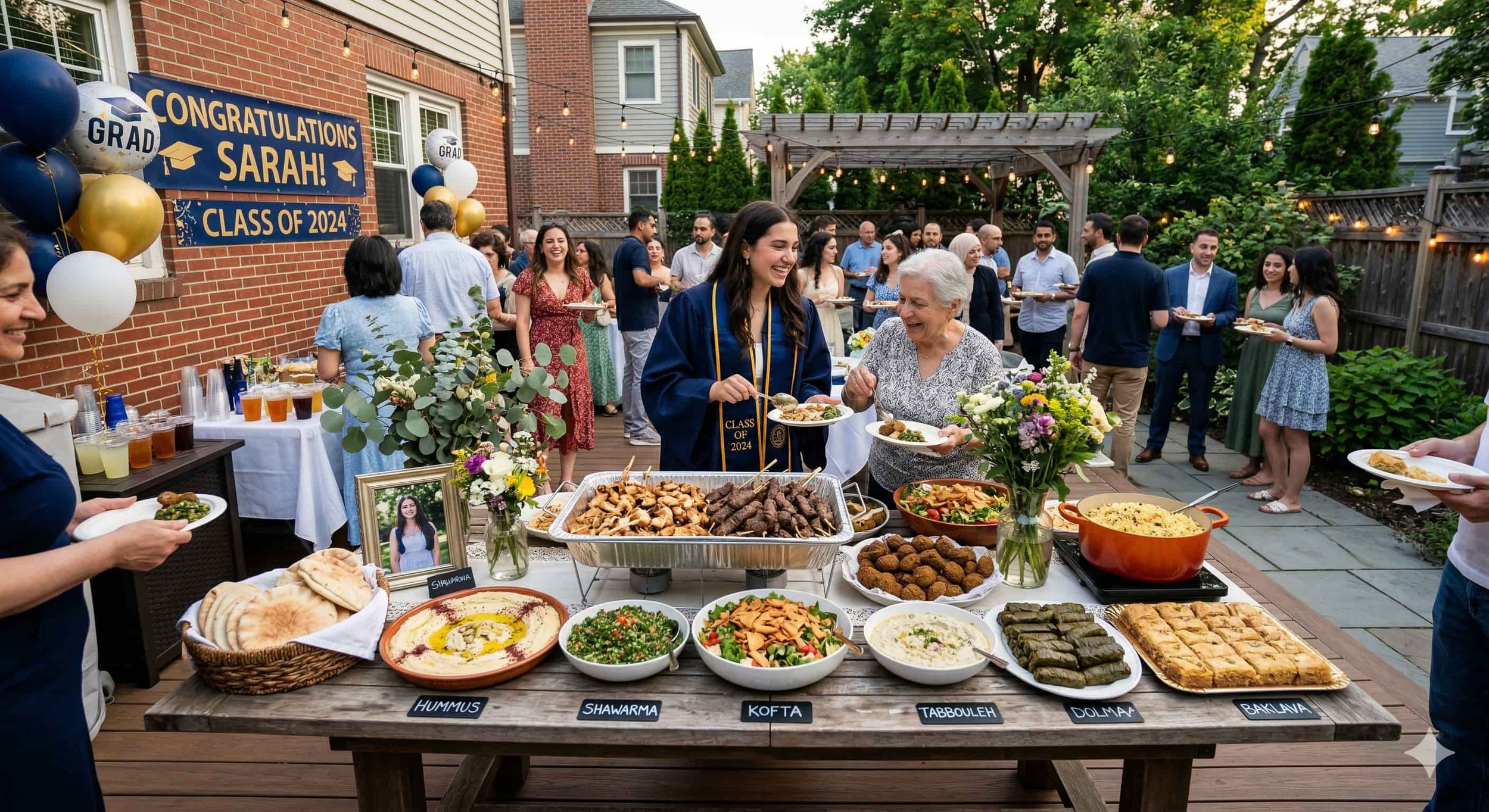ackyard graduation party catering table with labeled halal, vegetarian, and gluten-flexible dishes including hummus, shawarma, kofta, tabbouleh, dolma, and baklava — graduation party catering services Boston for diverse dietary needs