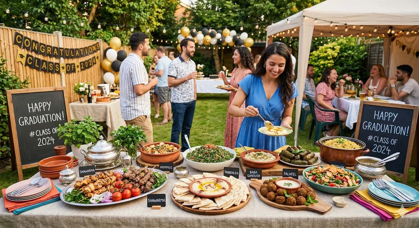 Outdoor graduation party buffet with shawarma, hummus, tabbouleh, baba ghanoush, falafel, and fattoush — graduation party catering services Boston