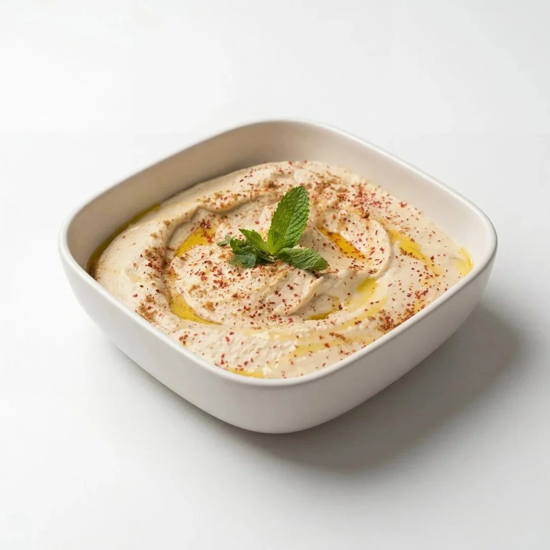 Bowl of smooth house-made hummus drizzled with olive oil and topped with aleppo red pepper and fresh mint