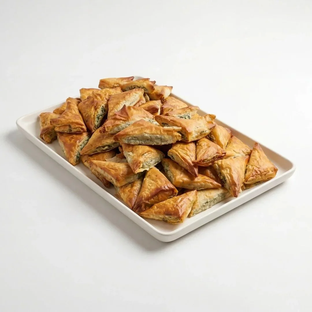 Spinach and cheese phyllo pastry triangles catering platter — halal appetizer catering services Boston from ANI Catering