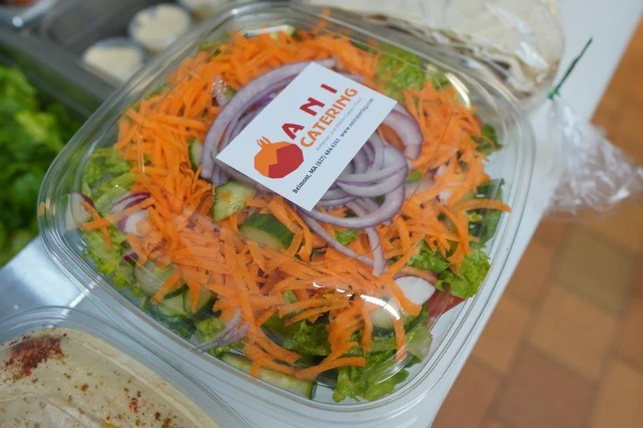 Mediterranean side salad with romaine, carrots, cucumber, tomato, and red onion — ANI Catering