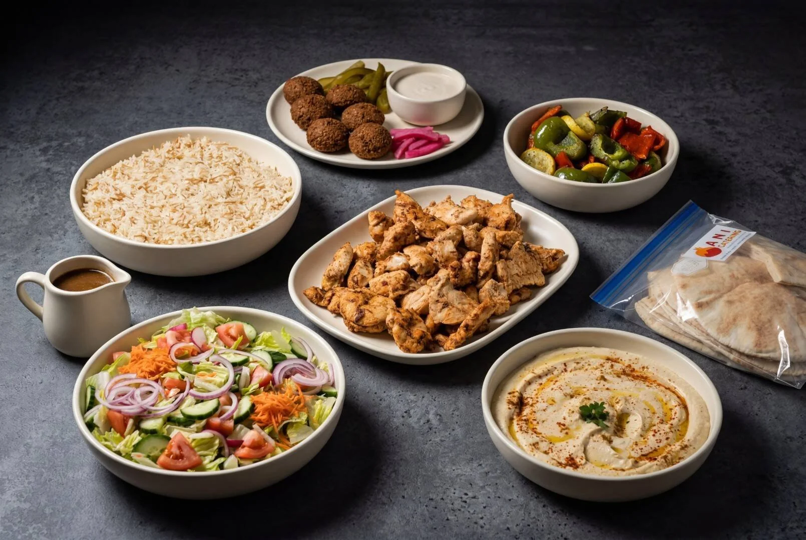 ANI Catering party package with halal chicken shawarma, rice pilaf, falafel, hummus, garden salad, roasted vegetables, tahini, and fresh pita bread — food that caters well for Boston offices and events