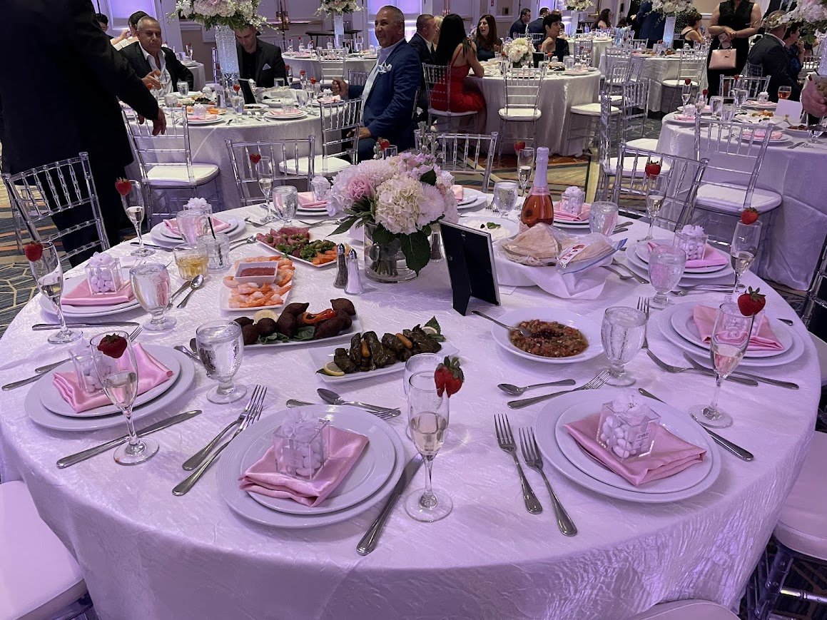 ANI Catering Armenian wedding reception with Middle Eastern mezze spreads and formal place settings