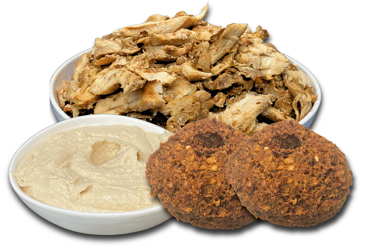 Chicken shawarma bowl with house-made hummus and crispy falafel from ANI Catering & Cafe in Belmont MA