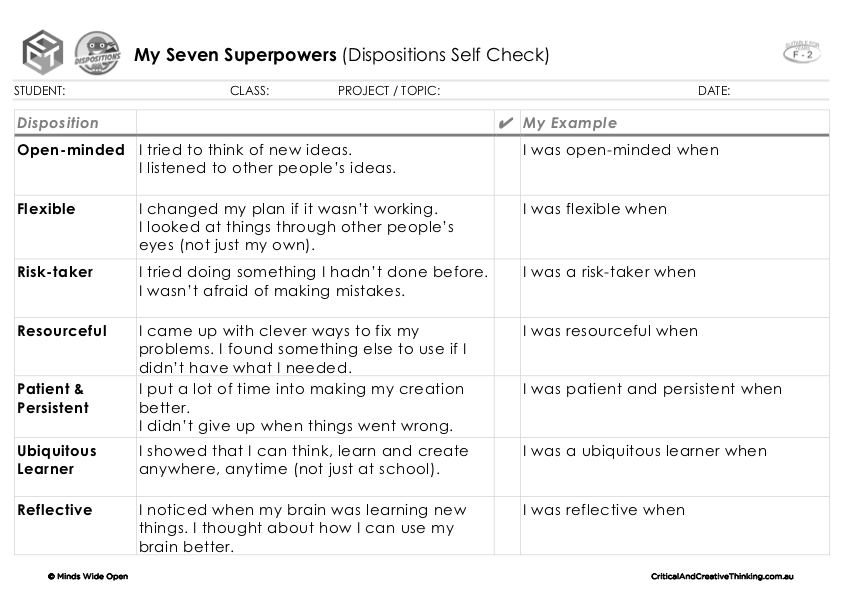 My Seven Superpowers (Dispositions Self Check) K-2