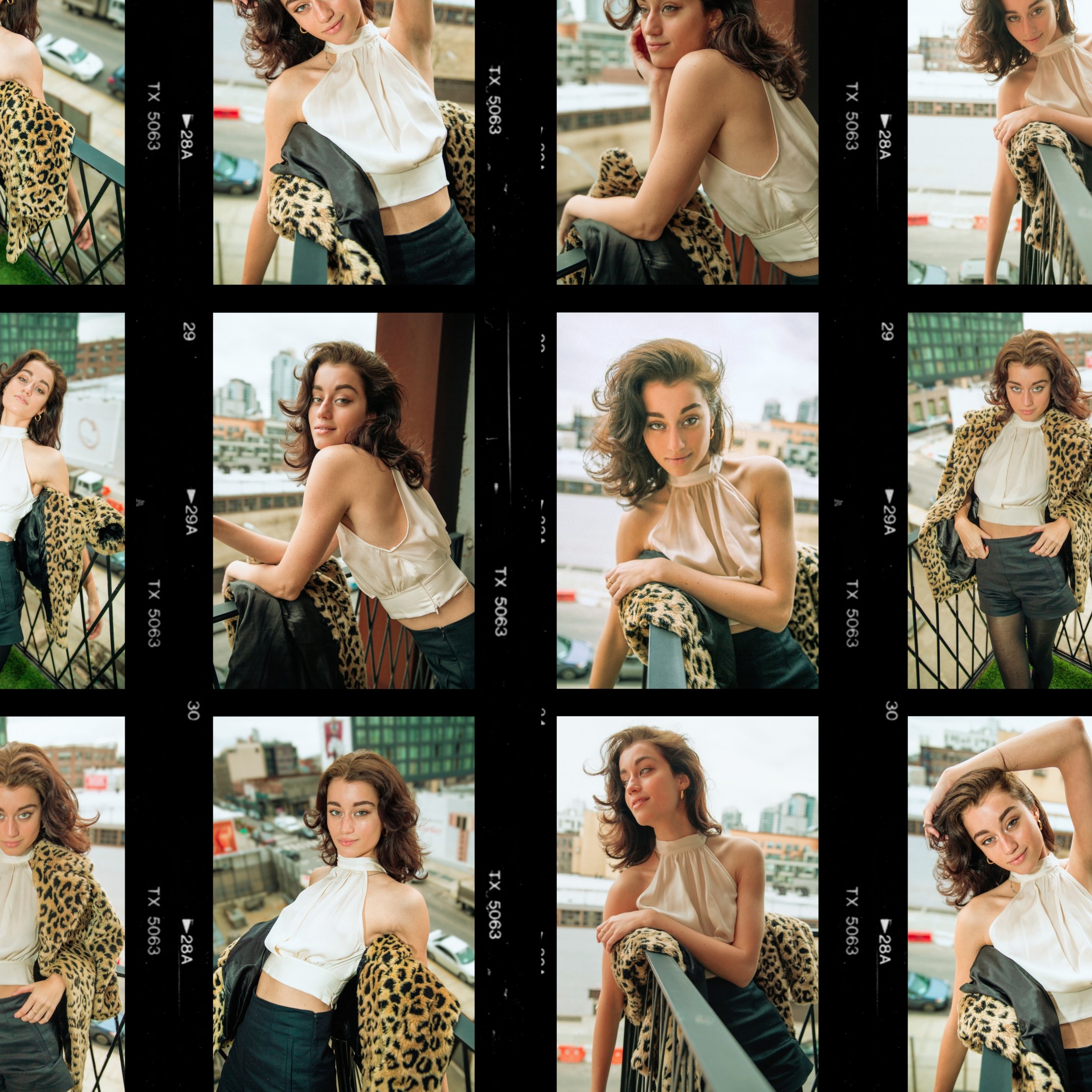 A collage of eight photos of a young woman with wavy brown hair, posing on a rooftop balcony with an urban cityscape background. She is wearing a variety of outfits, including a leopard print coat, a white halter top, and a beige dress.