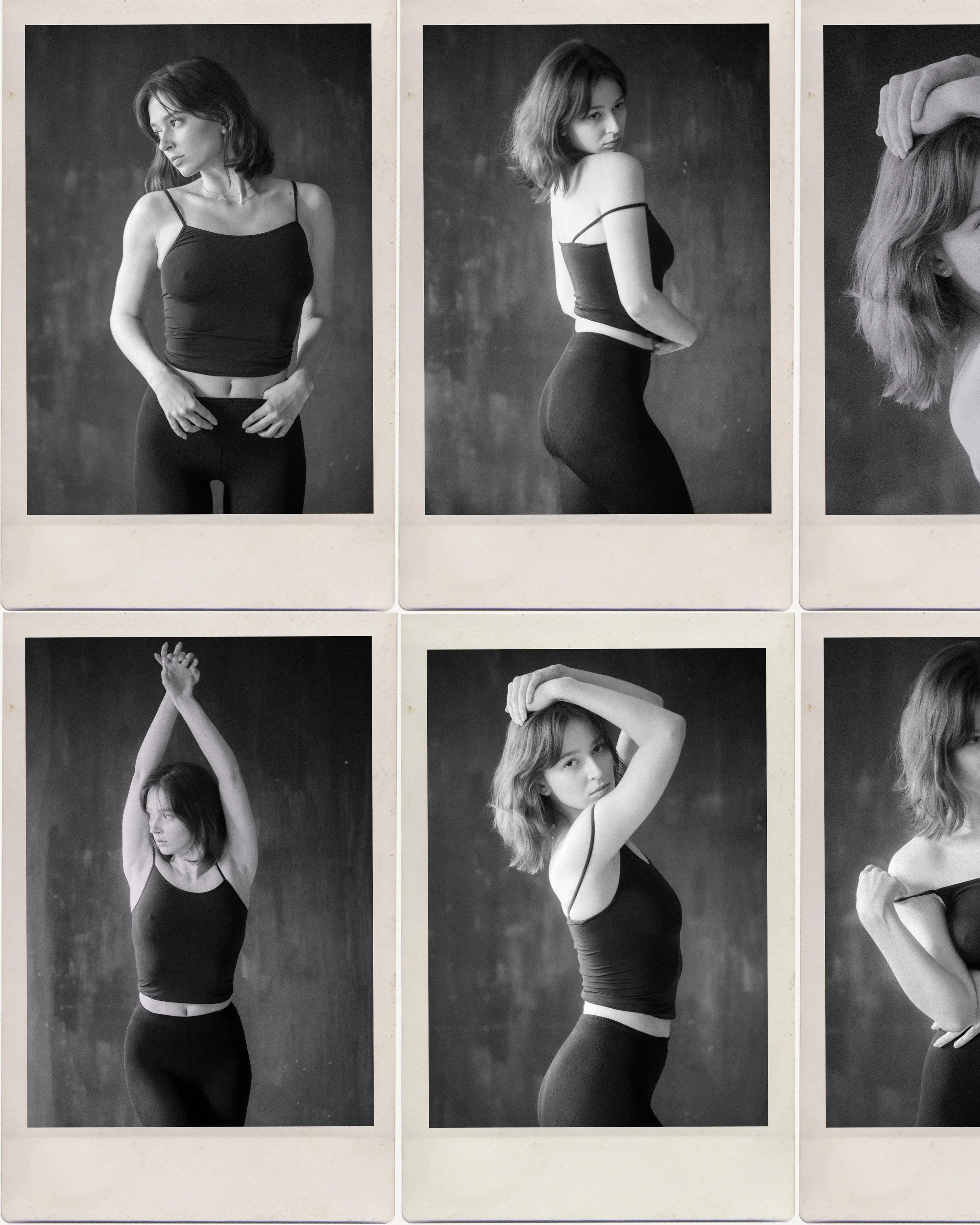 Black and white photos of a young woman with shoulder-length hair, wearing a black tank top and black leggings. She is posing with various arm positions against a dark background.