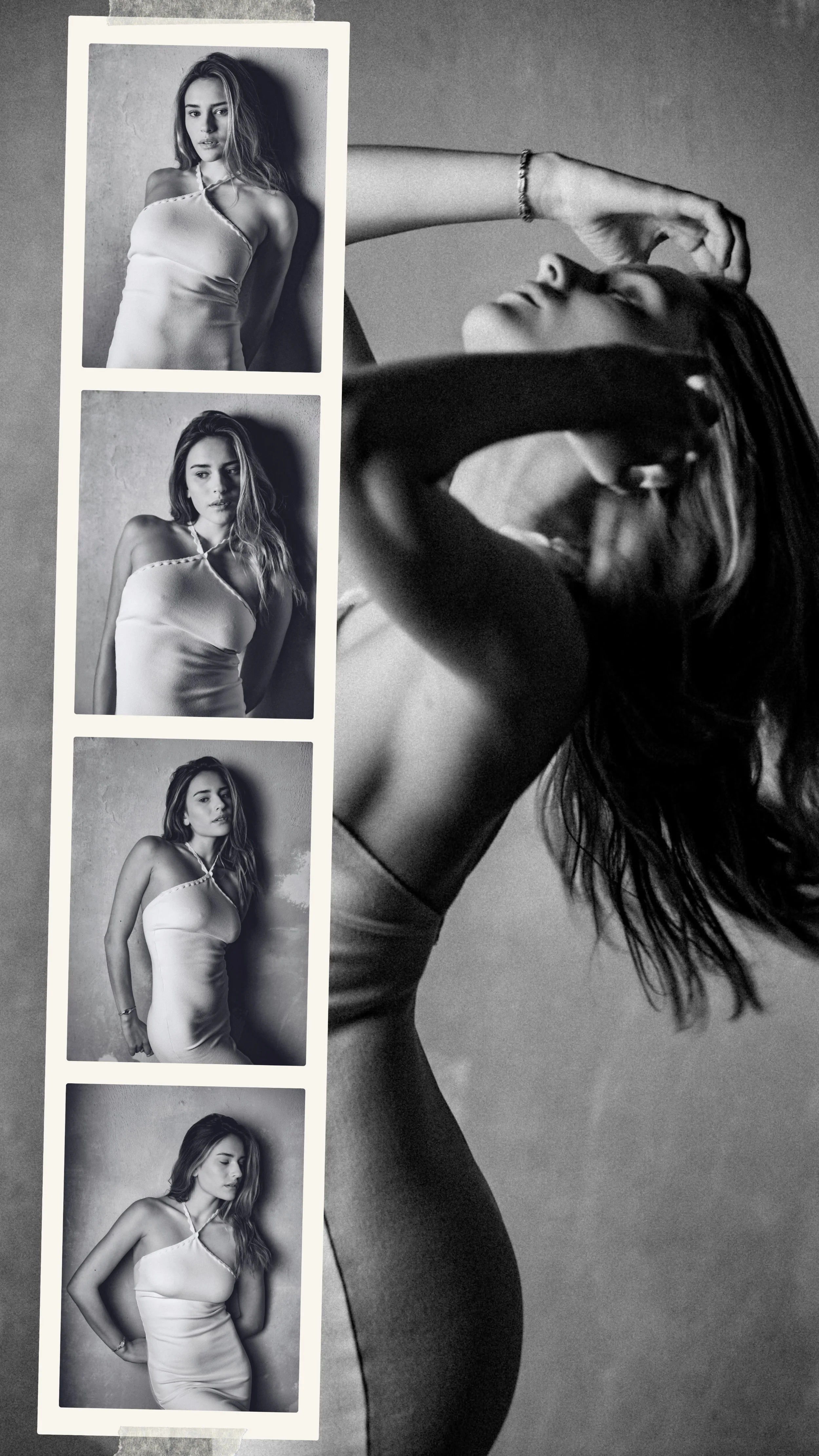 A strip of five black-and-white fashion photographs of a young woman in a form-fitting dress, with her hair styled in loose waves, each showing different poses and expressions, placed on a textured gray background.