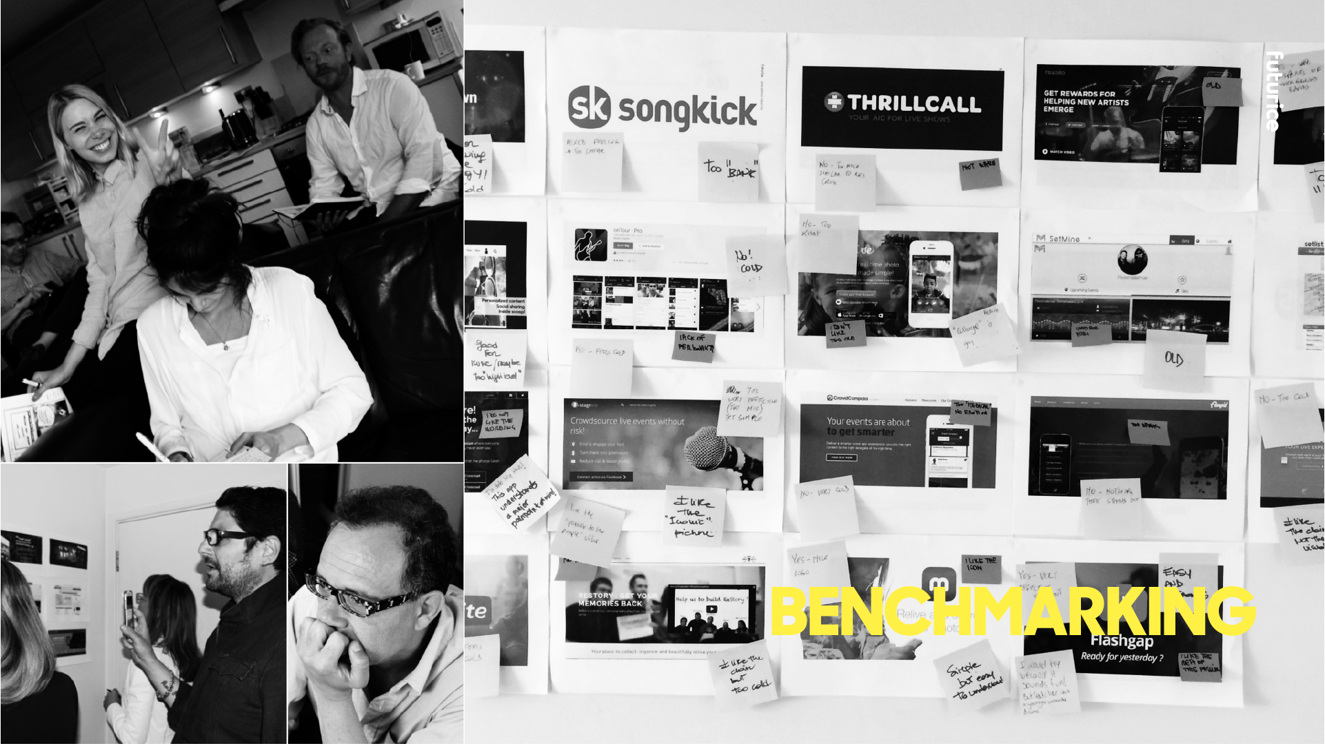 People collaborating in a workspace, with a wall of printed pages and sticky notes related to event planning and marketing projects.