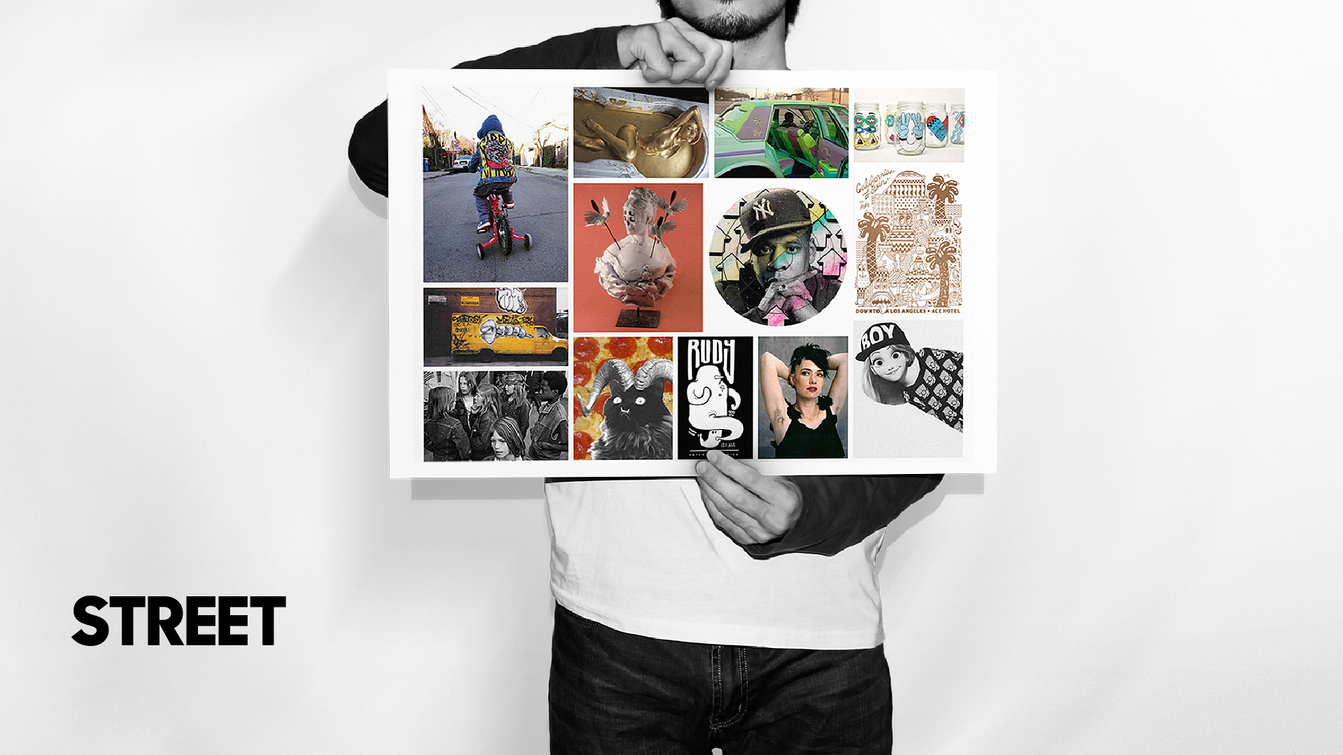 Person holding a collage of colorful street art and photographs, including a child riding a bike, a gold sculpture, a graffiti-covered car, and various art pieces. The word 'STREET' is written in bold black letters in the bottom left corner.