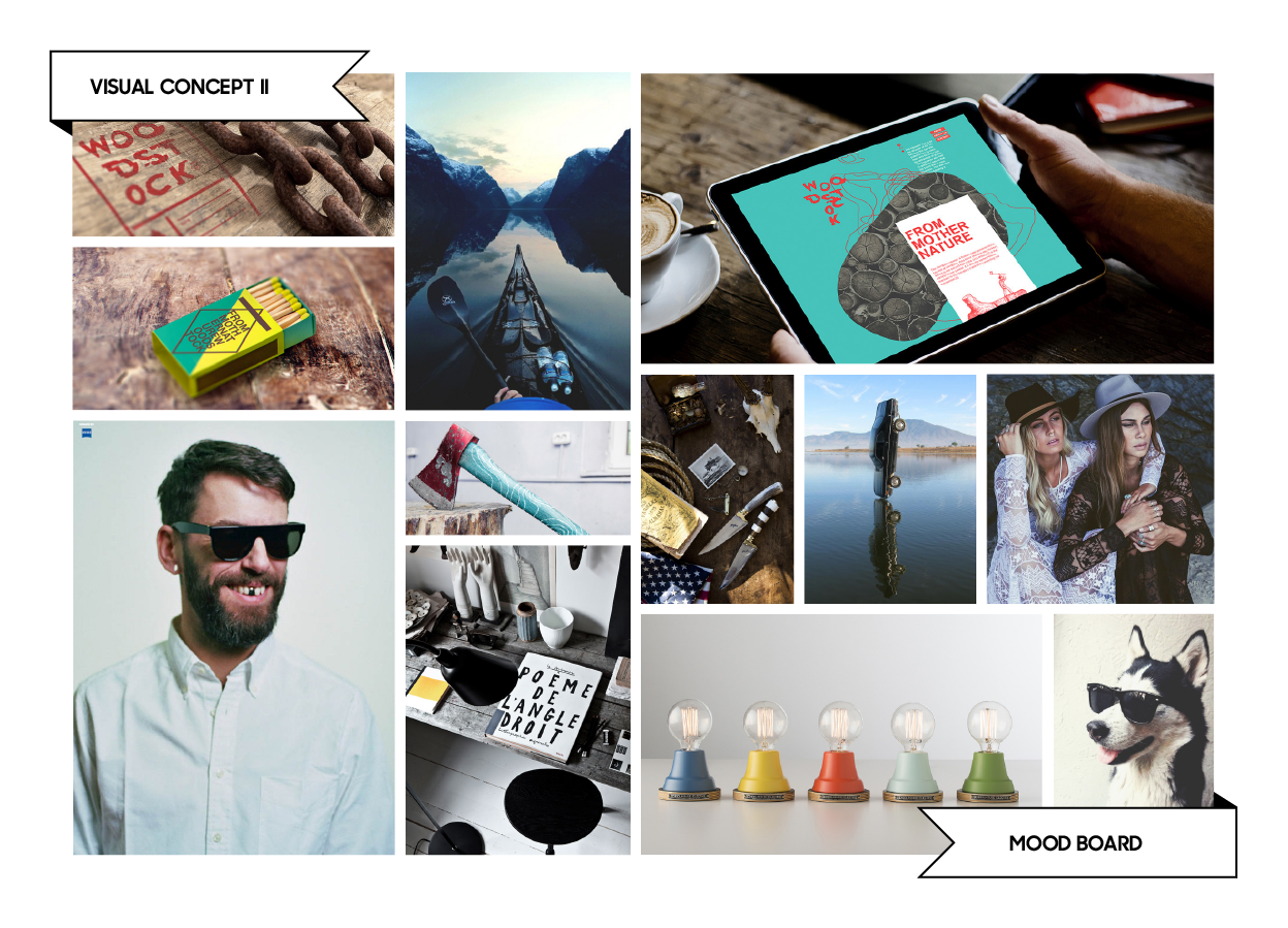 A collage titled "Visual Concept II" featuring images of a chain and warning tags, outdoor scenes with mountains and a boat, a person holding a tablet displaying a design, a man in sunglasses, art supplies, two women with hats, a Husky dog wearing su