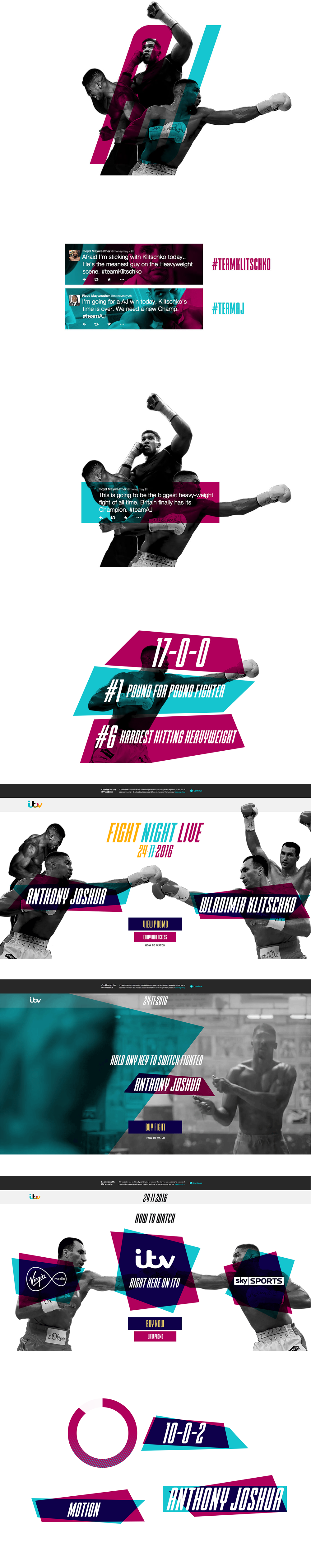 Images promoting a boxing event featuring Anthony Joshua vs. Vladimir Klitschko, including fight details, viewing options, and promotional graphics with boxers in action.