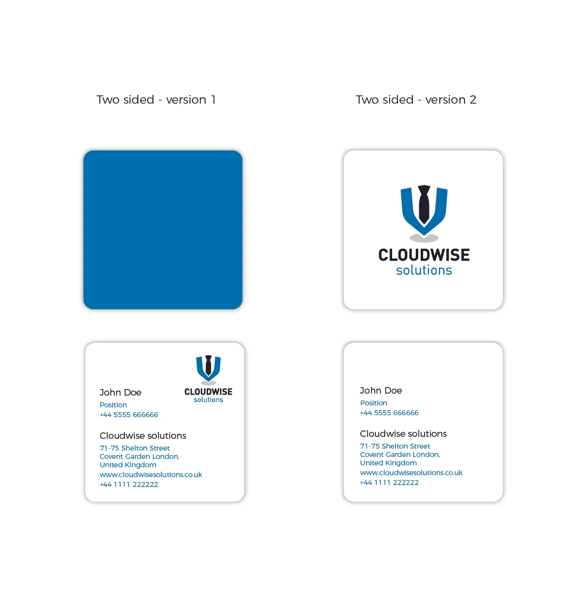 Business card design with two sides. Side one is solid blue. Side two features a logo with a tie and shield, with the text "CLOUDWISE solutions." Below are two variations of the same business card, displaying contact information including name, posit