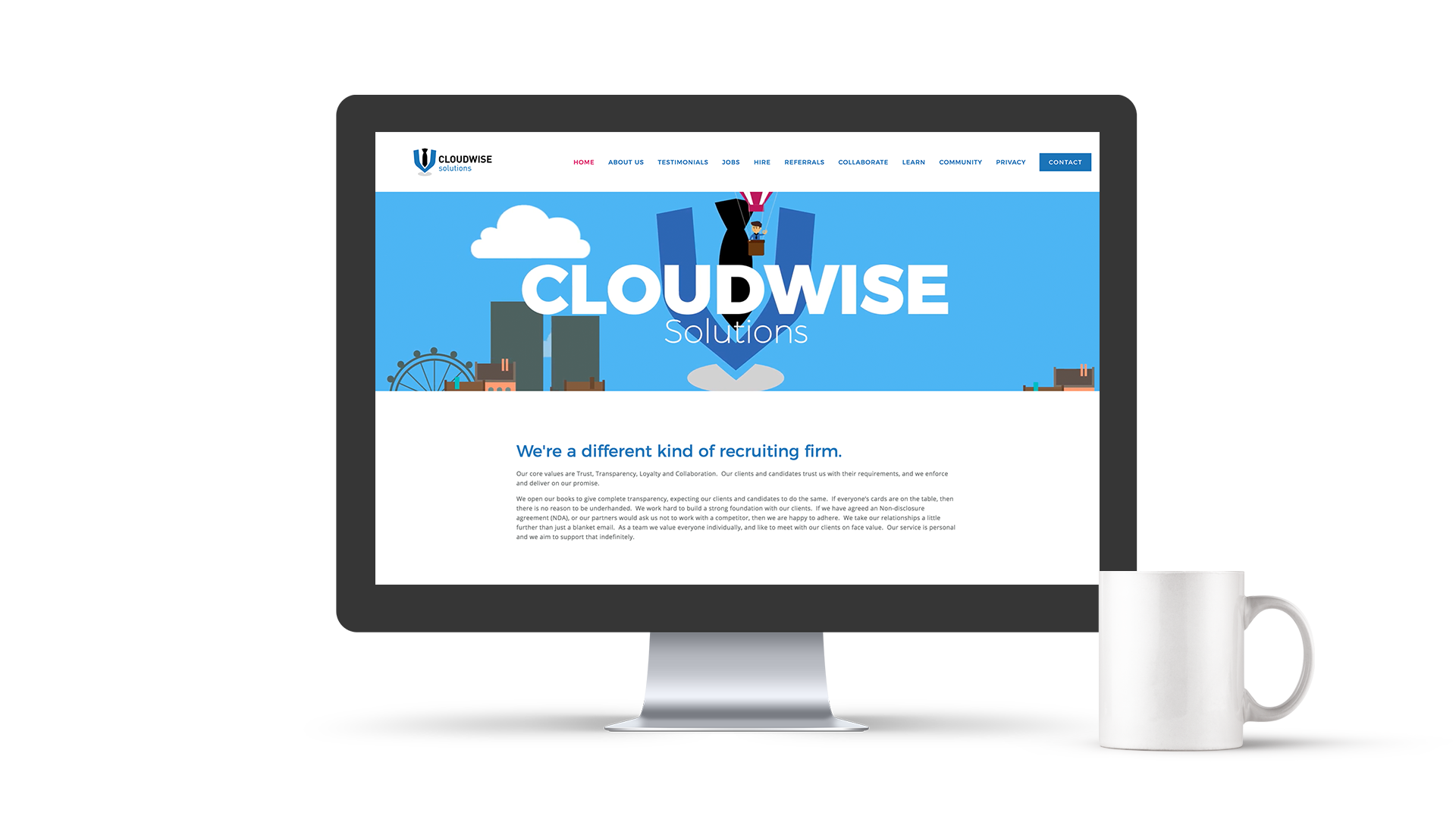 A computer monitor displaying a website for Cloudwise Solutions, with a blue background, cityscape, and a person in a business suit parachuting down. A white coffee mug is placed next to the monitor.