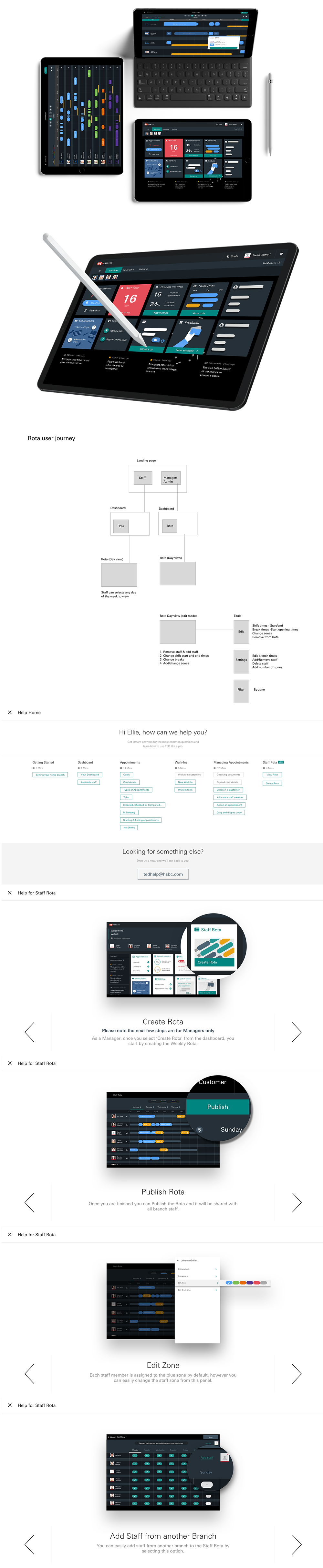 Screenshots showing a digital project management and scheduling app interface, including task timelines, user journey flows, color-coded task categories, and options for creating, publishing, and editing workflows.