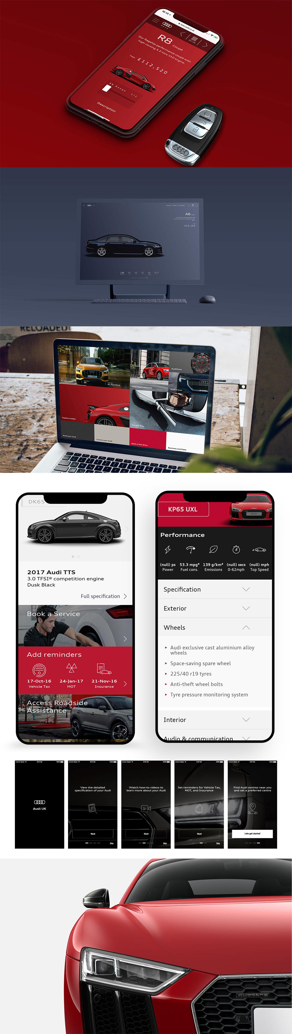 A collage of six images related to Audi vehicles and digital interfaces. The first image shows a smartphone screen displaying an Audi app with a red background and an Audi R8 car, alongside a car key. The second image features a computer monitor disp
