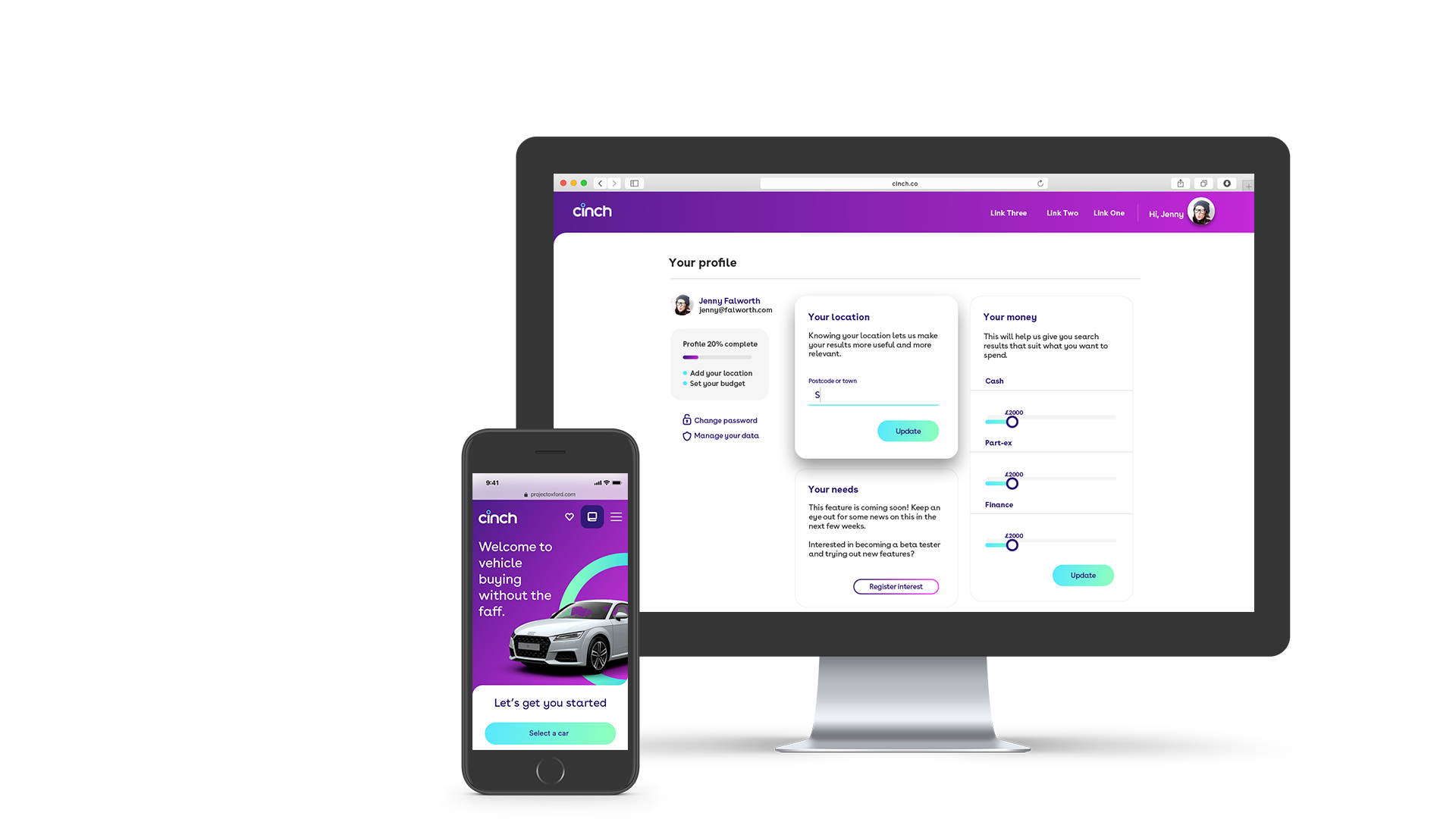 A computer monitor displaying a profile page with location and financial information, and a smartphone presenting a car buying app interface with a purple and white design.