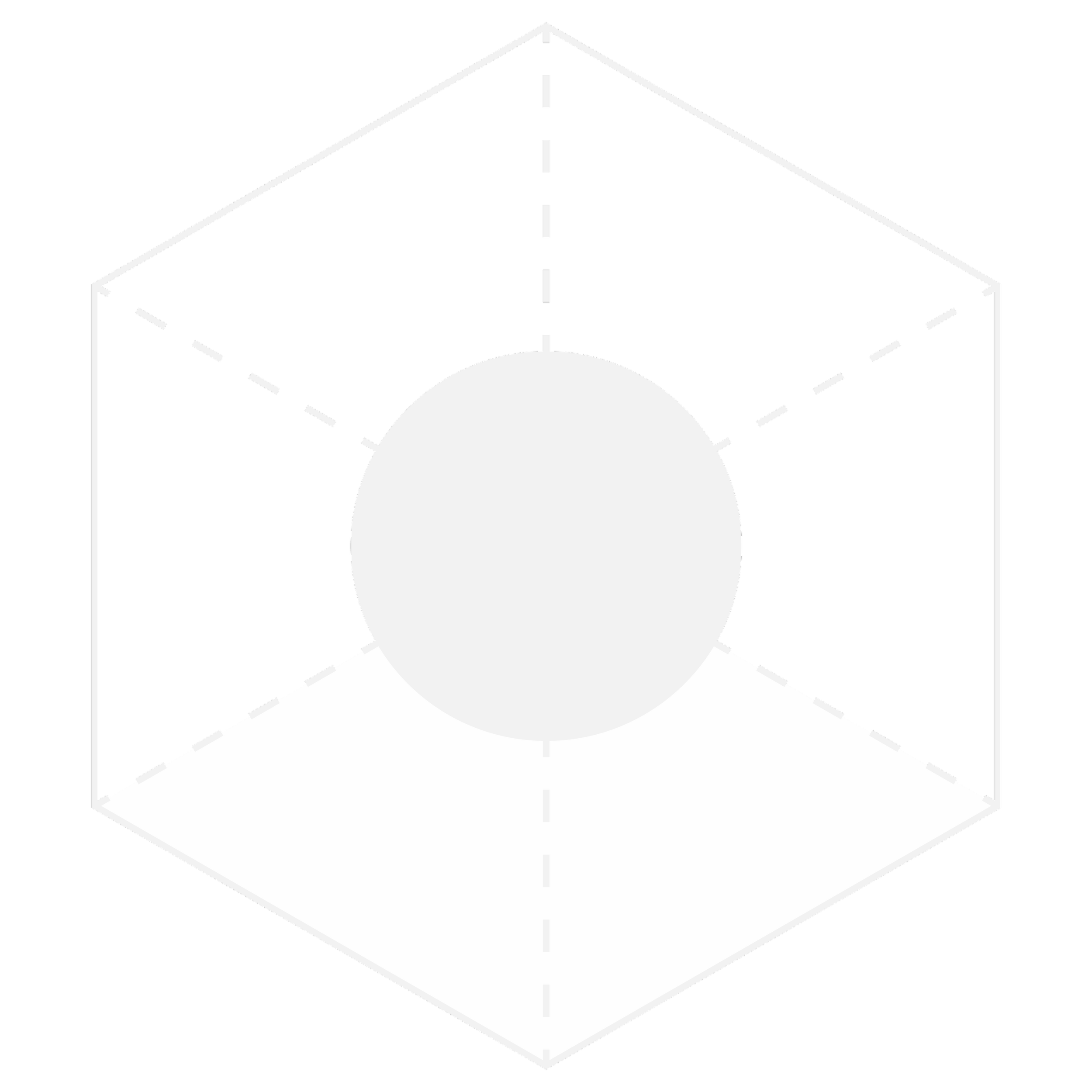 A black background with a white wireframe 3D hexagon and a sphere in the center, with dashed lines indicating perspective.