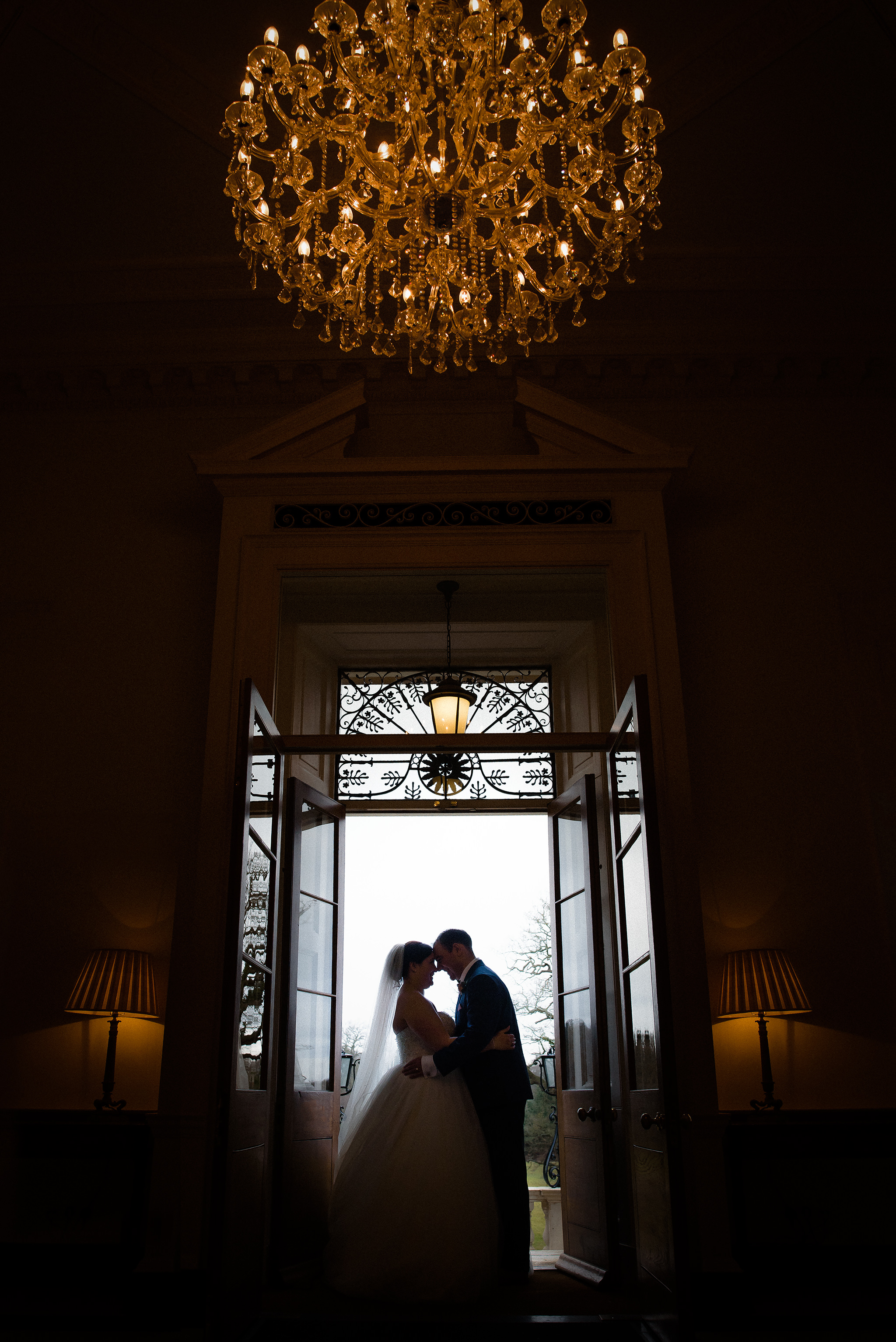 Bride and groom silhouette at botleys mansion