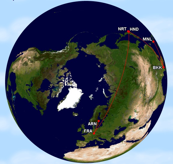 Route: Stockholm - Frankfurt - Tokyo - Bangkok - Manila (and the same way back).