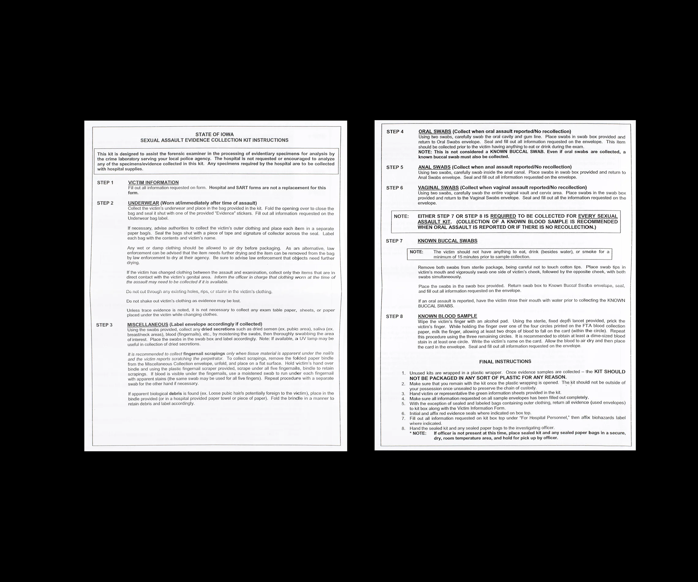 State of Iowa Rape Kit, Directions, 2016