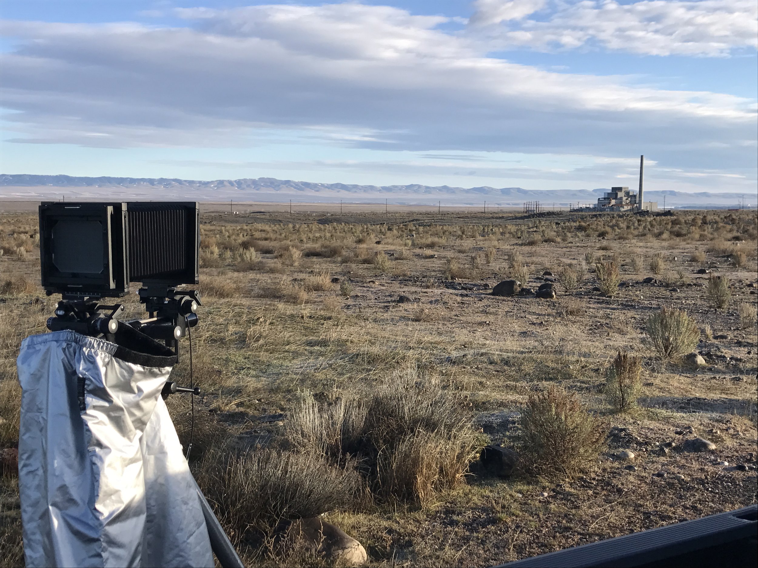 Photographing B Reactor from a distance within the 100B/C Area with a large format camera.