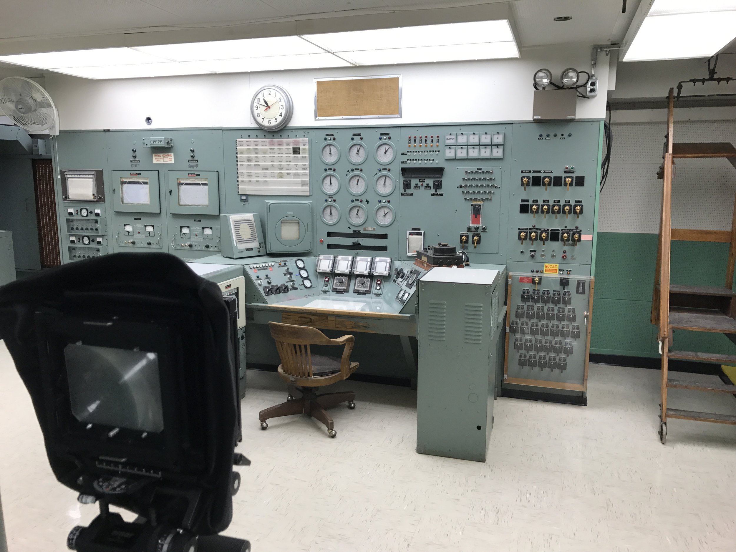 Photographing the control room with the original chair in place.