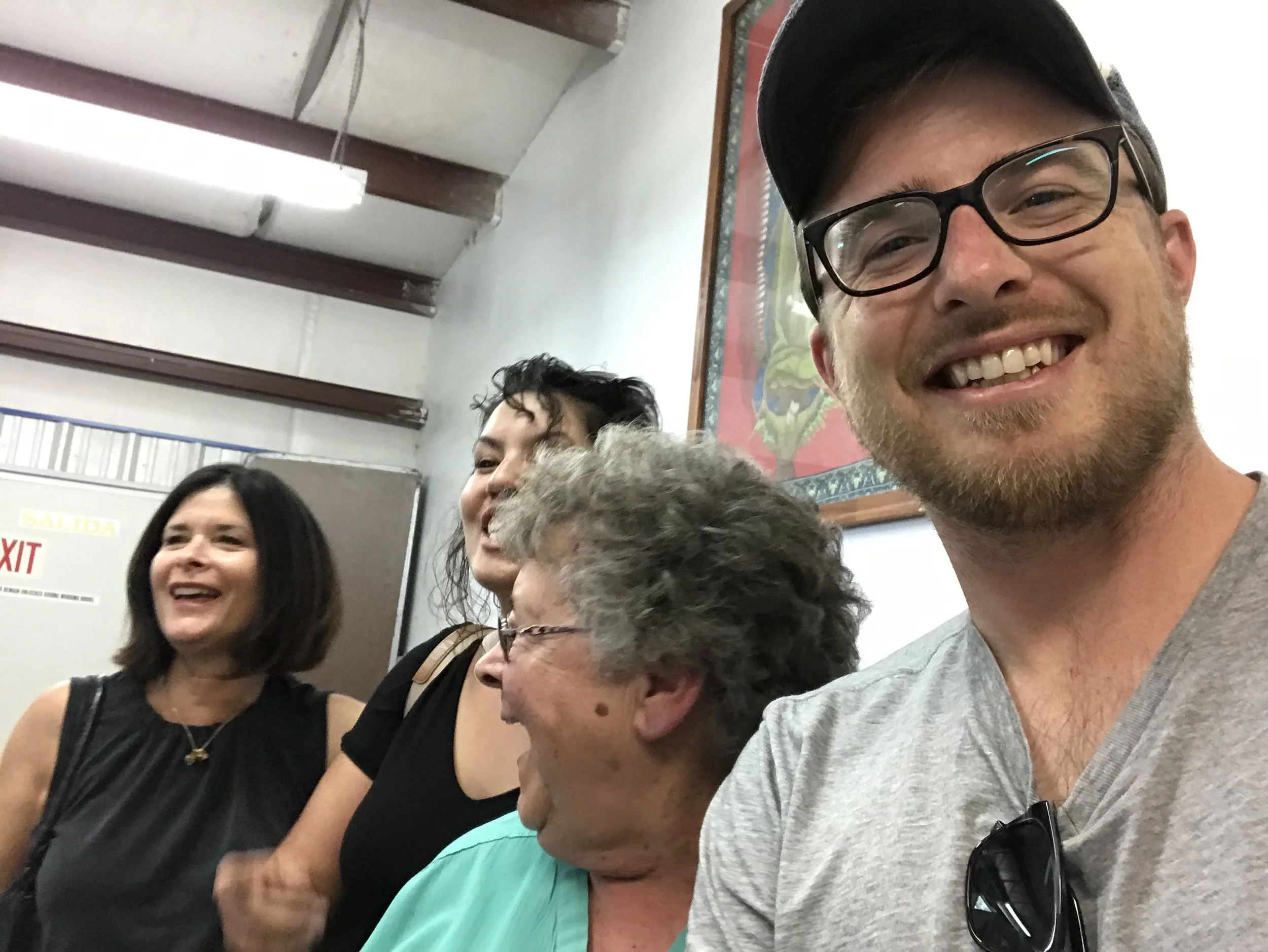 Laughing with Sister Nancy (in the green)