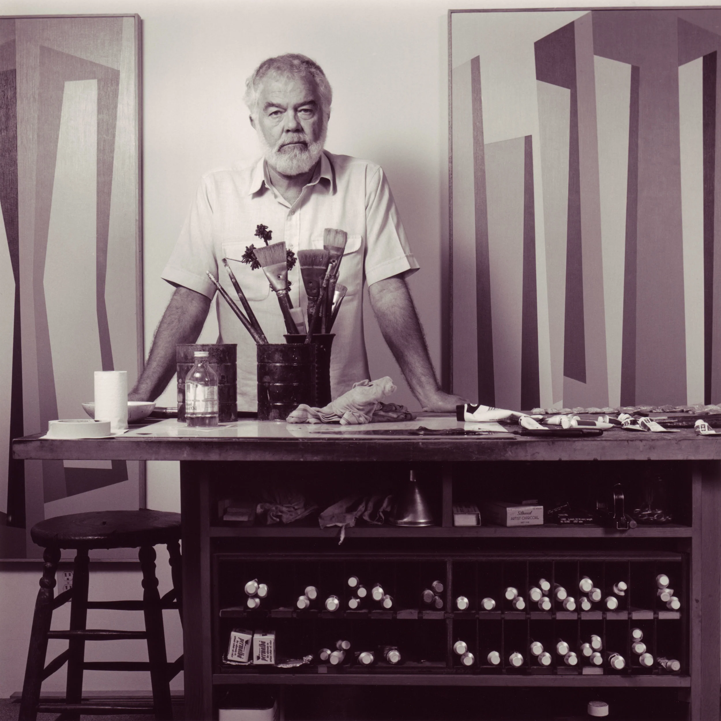 Karl Benjamin in his studio, 1987, photo by Gary Colby.