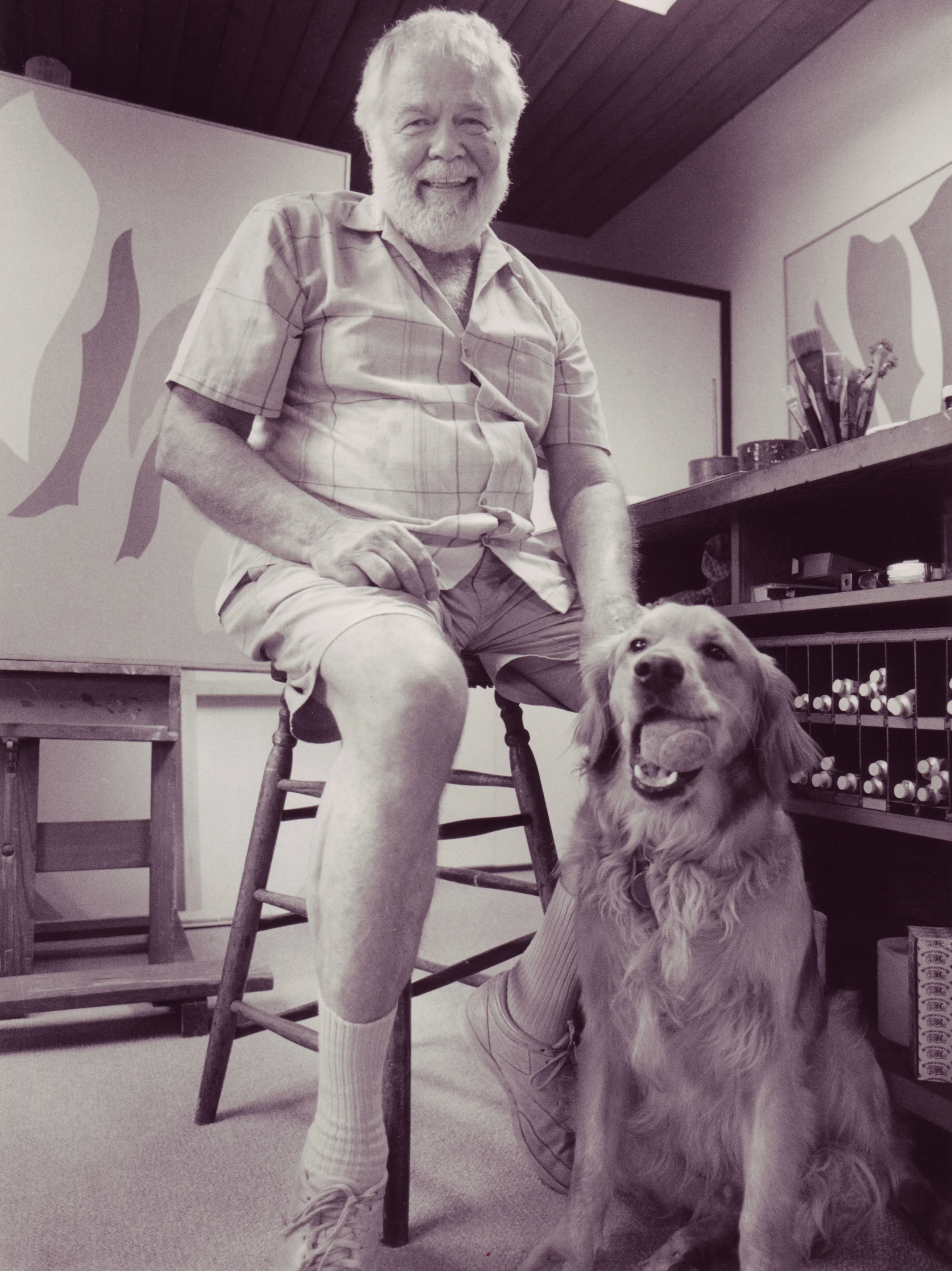 Karl Benjamin and "Mischa" in the artist's studio, circa 1990. 