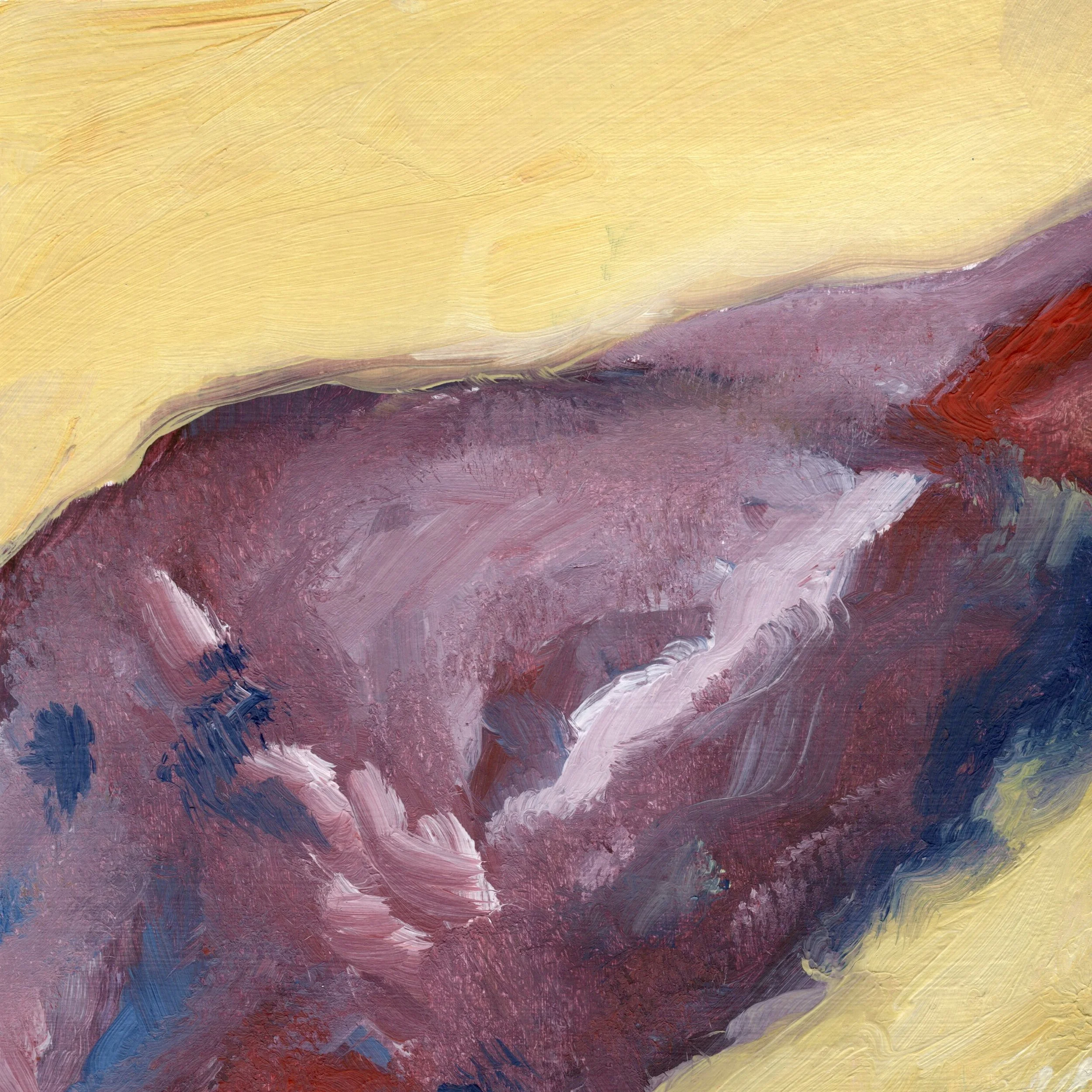 Abstract painting with broad, sweeping brushstrokes in shades of yellow, purple, pink, blue, and red.