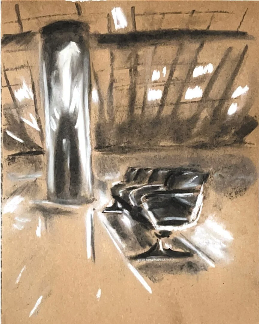 first sketch for #KGAWEEKDAY and @kalie.graves.art 

metal pole at the miami airport
charcoal on brown paper