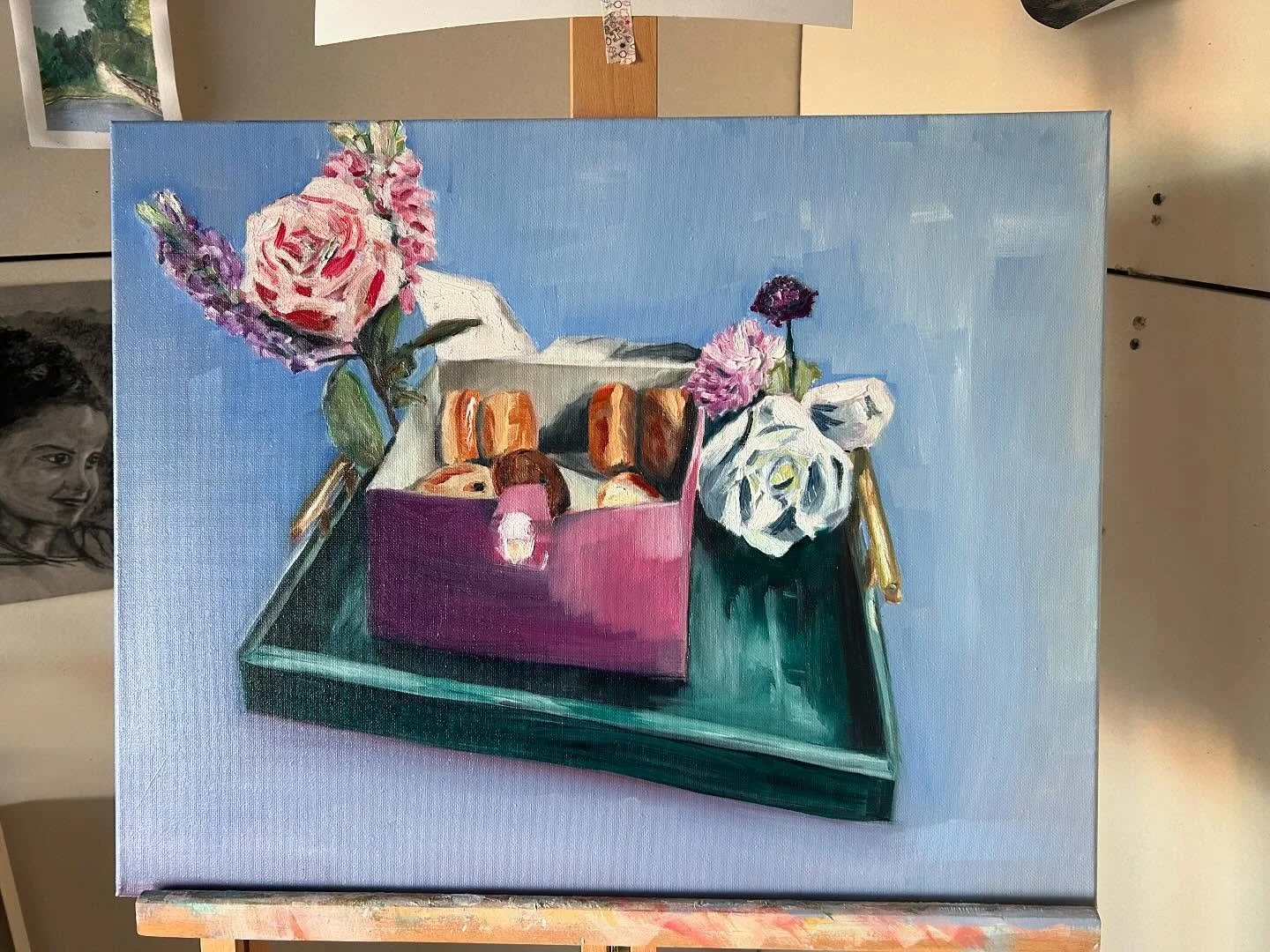 final day of #kgaweekday with @kalie.graves.art 

almost done! florals with donuts // breakfast in bed 
oil on canvas