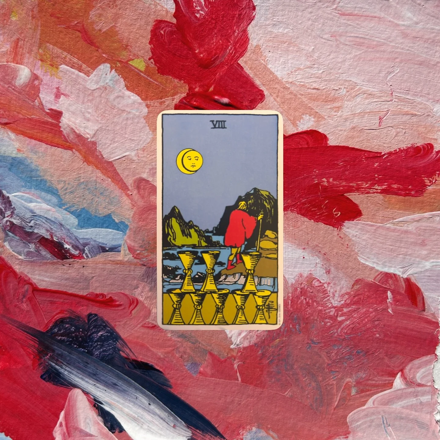 day 23 of #the100dayproject 

Tarot card pulled: VIII, Eight of Cups

This is quite a deep card - very clearly about walking through, a journey that may be more difficult but deeper; worthwhile. Releasing that which no longer serves you, even if it s