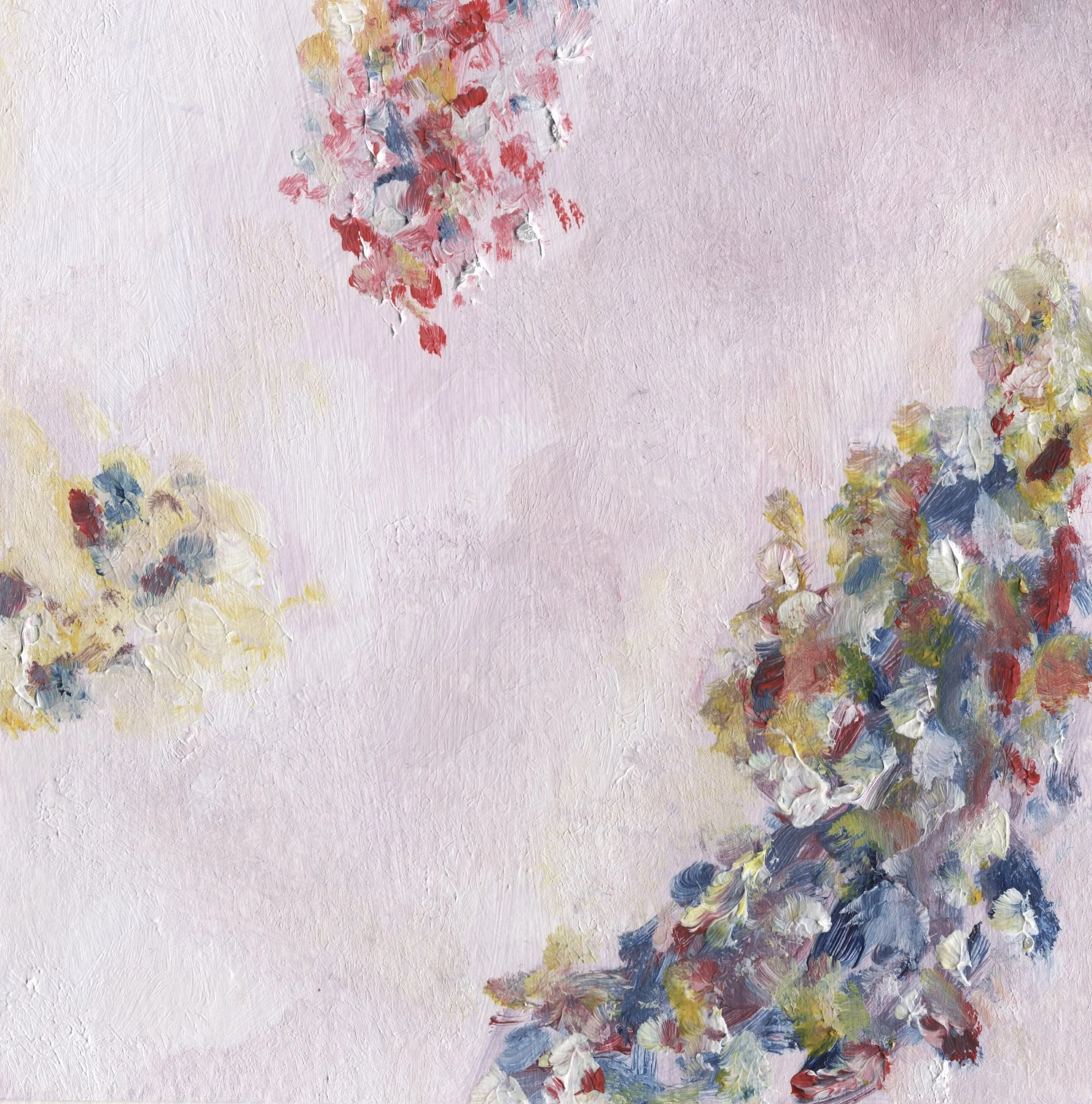 Close-up of an abstract painting with textured white background and vibrant patches of red, yellow, blue, pink, and purple paint.