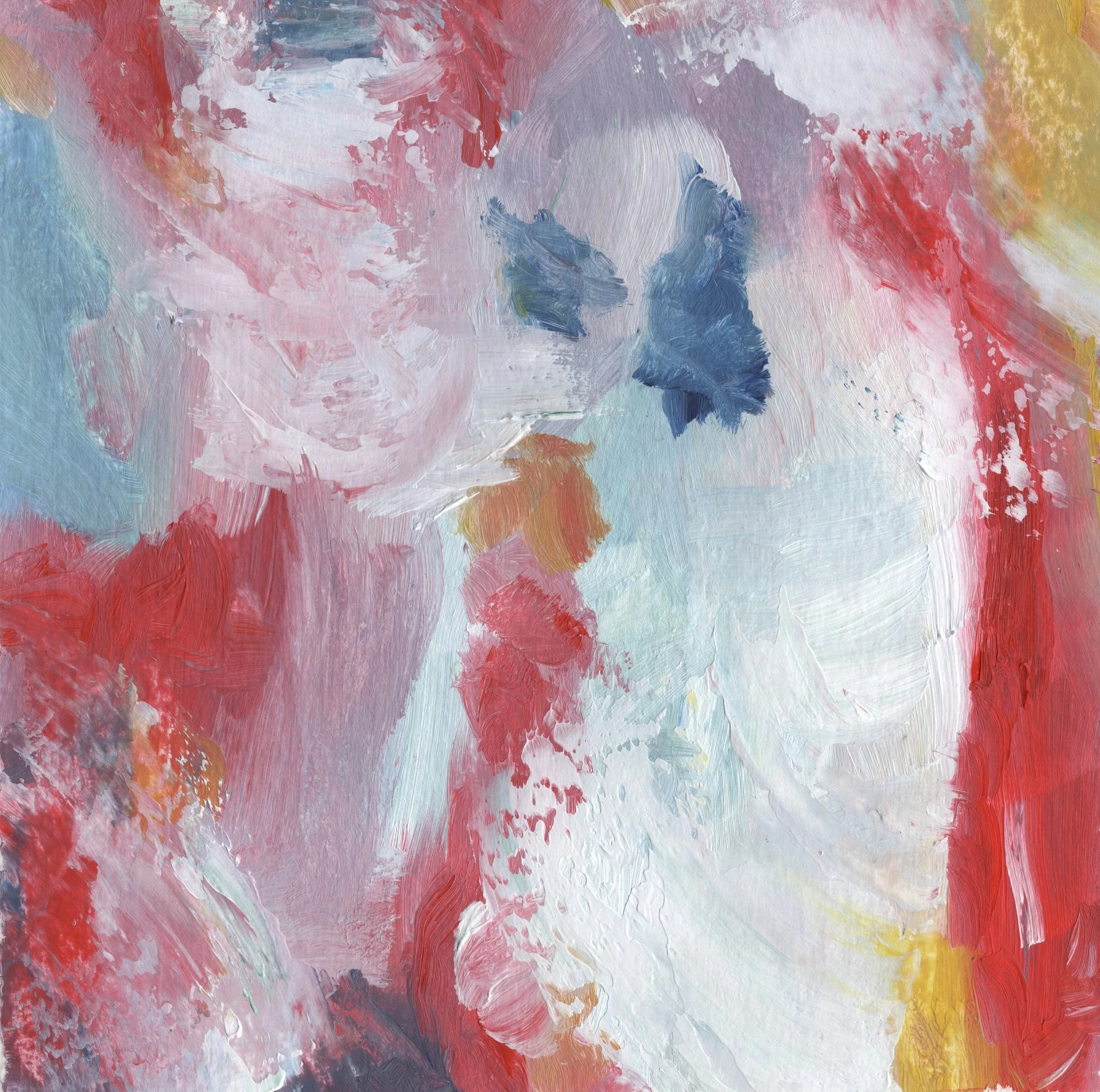 Abstract colorful painting with brushstrokes of pink, red, yellow, blue, and white paint.