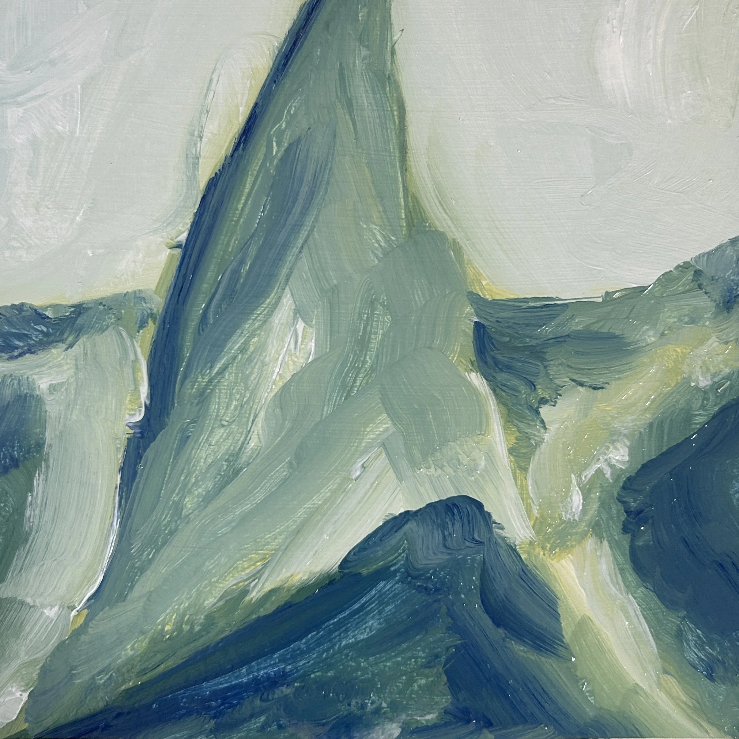 Abstract painting with broad brushstrokes of blue, green, and white colors blending together.