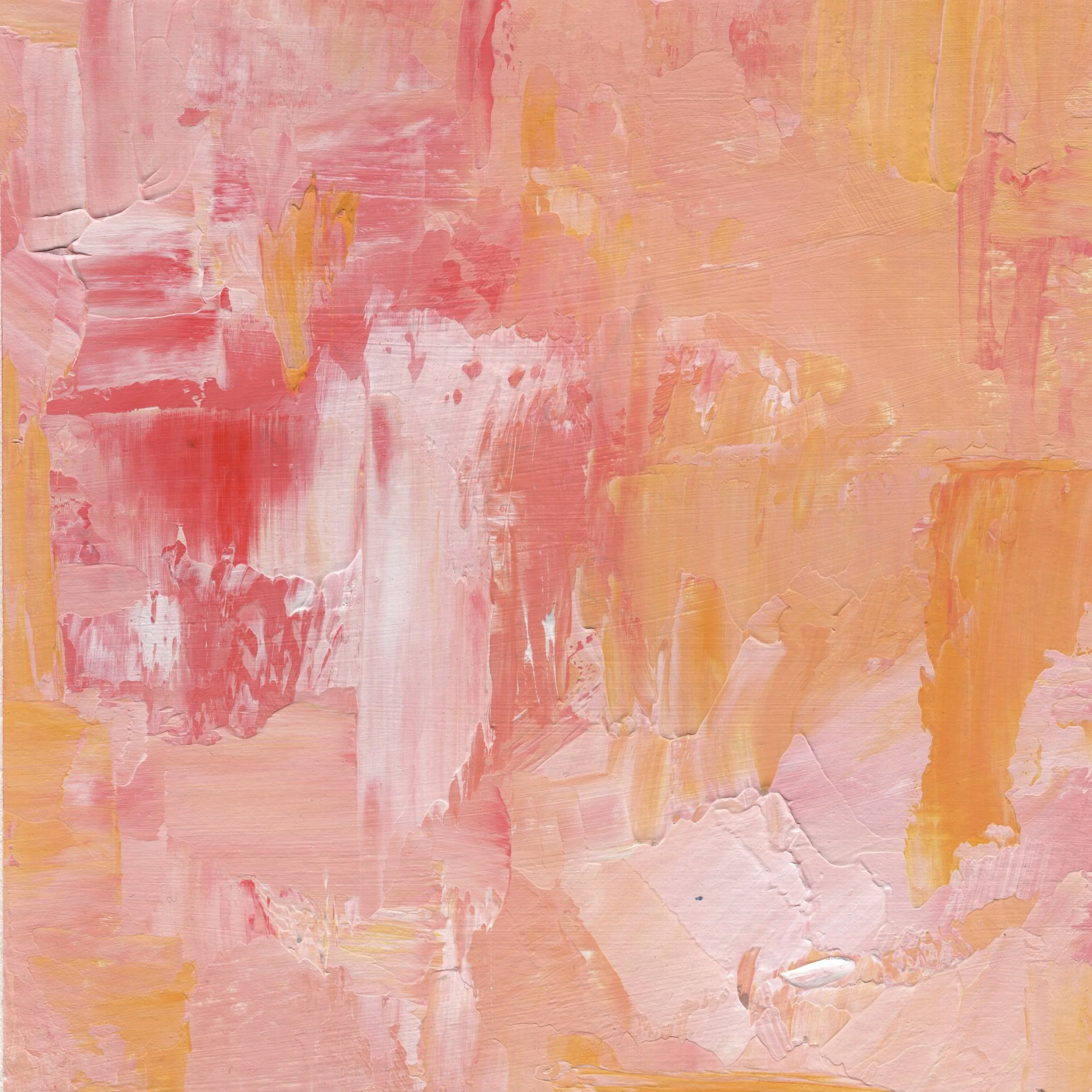 An abstract painting with broad strokes of pink, peach, and white colors, featuring textured layers and visible brushstrokes.