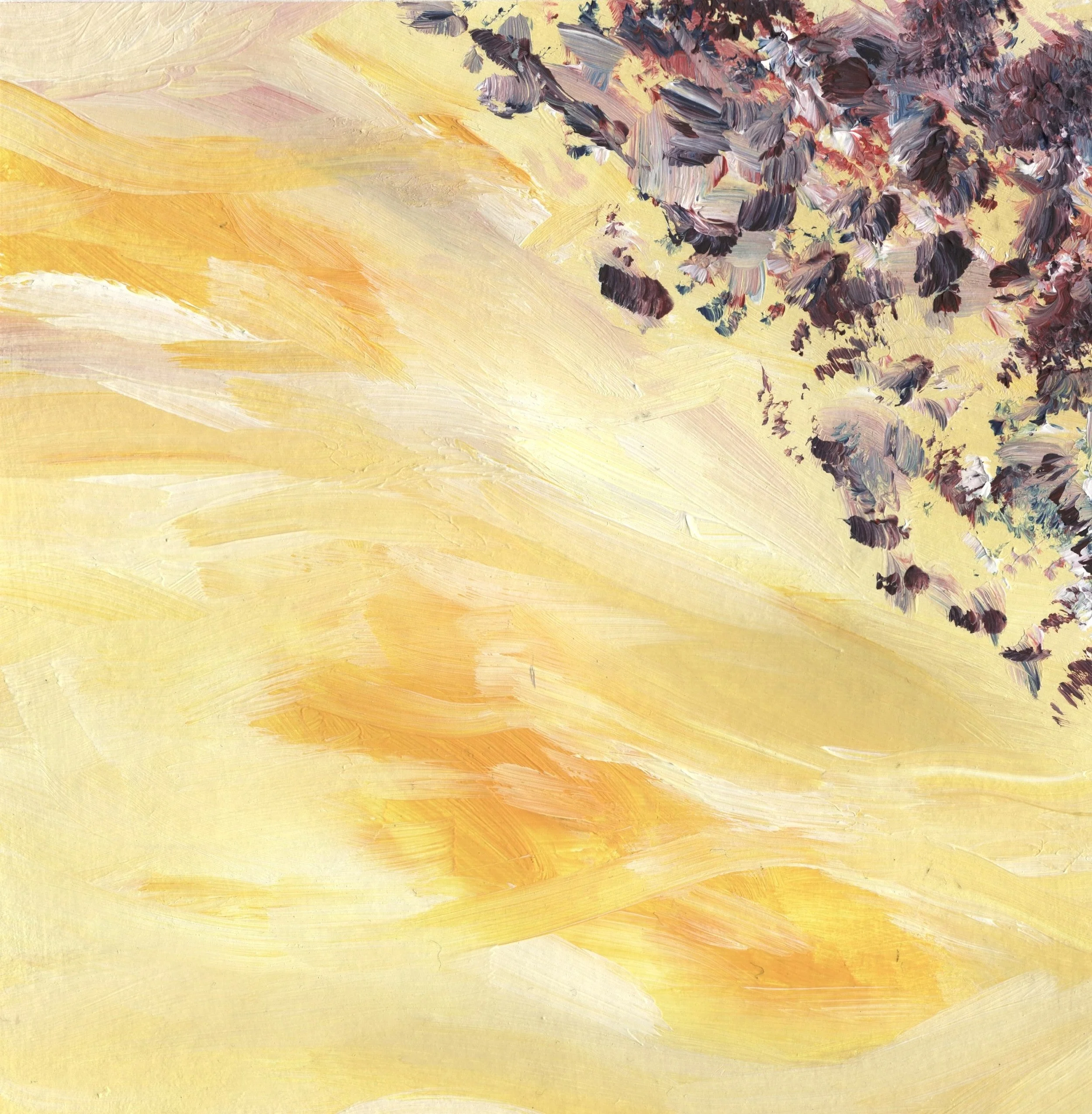 Close-up image of a pink and gray flowering plant with broad leaves, with a background of abstract yellow and orange brushstrokes.