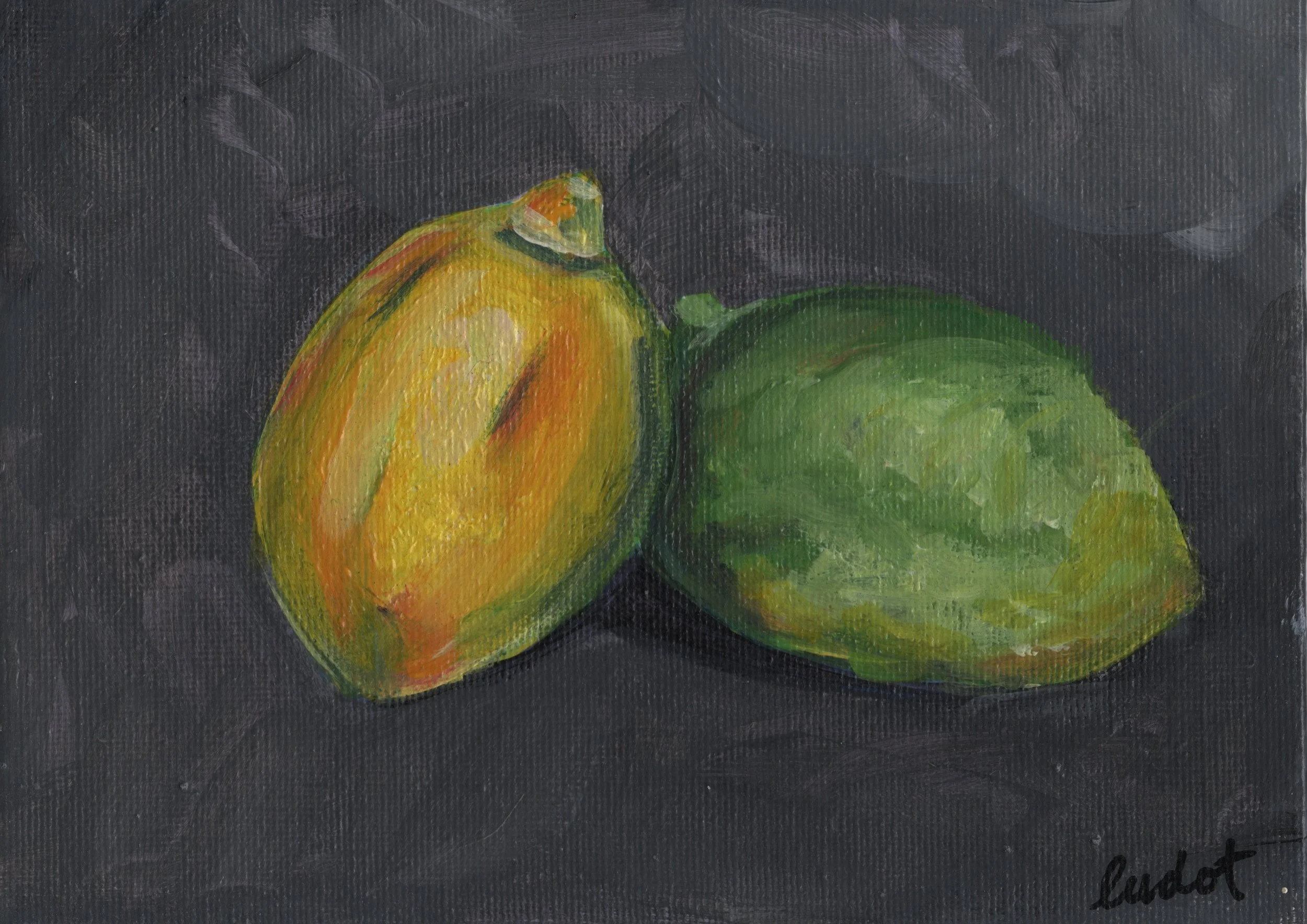 A painting of a yellow lemon with a green lime on a dark background.