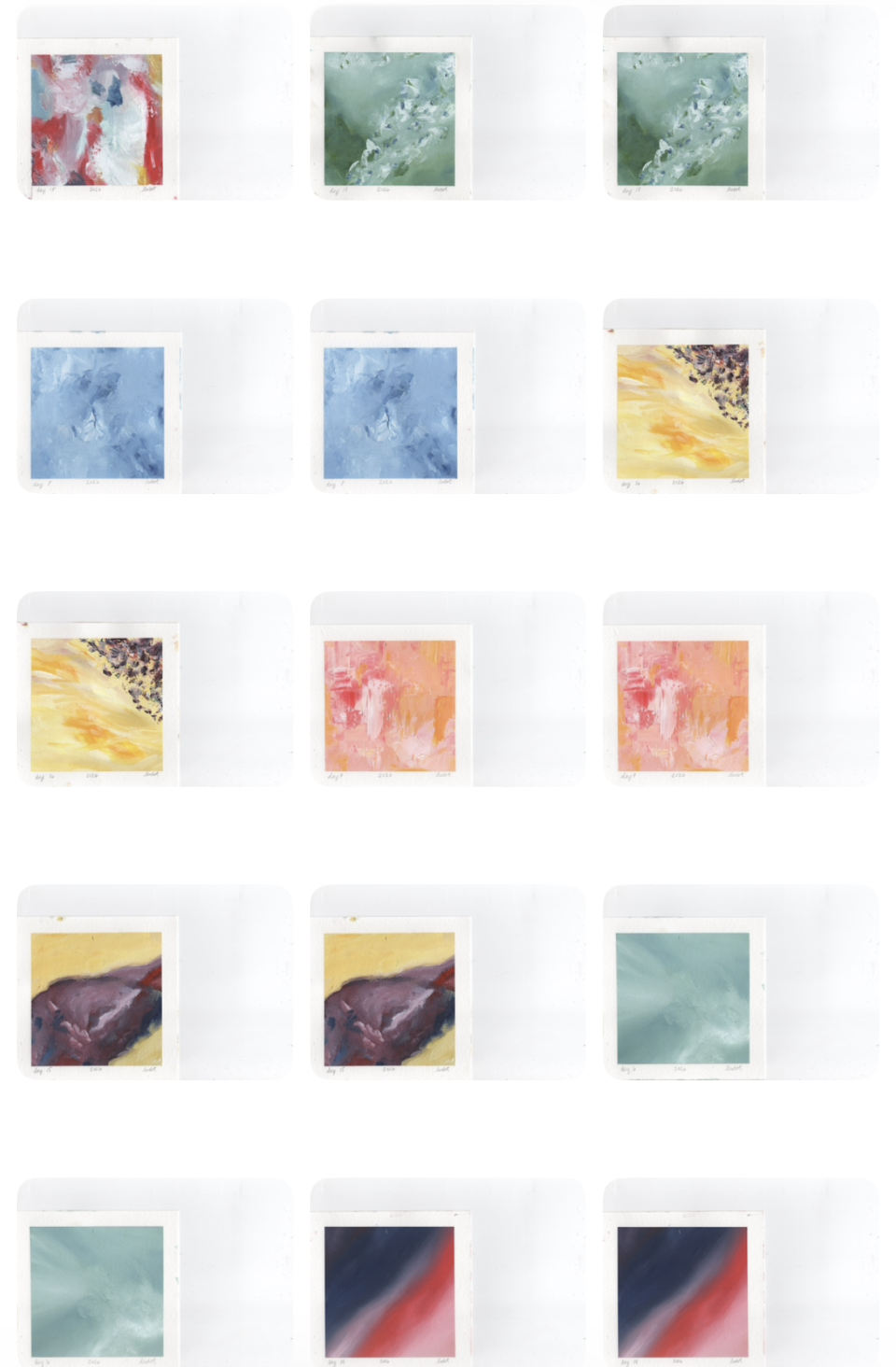 Collection of abstract watercolor paintings in various colors including red, green, blue, yellow, pink, purple, and black.