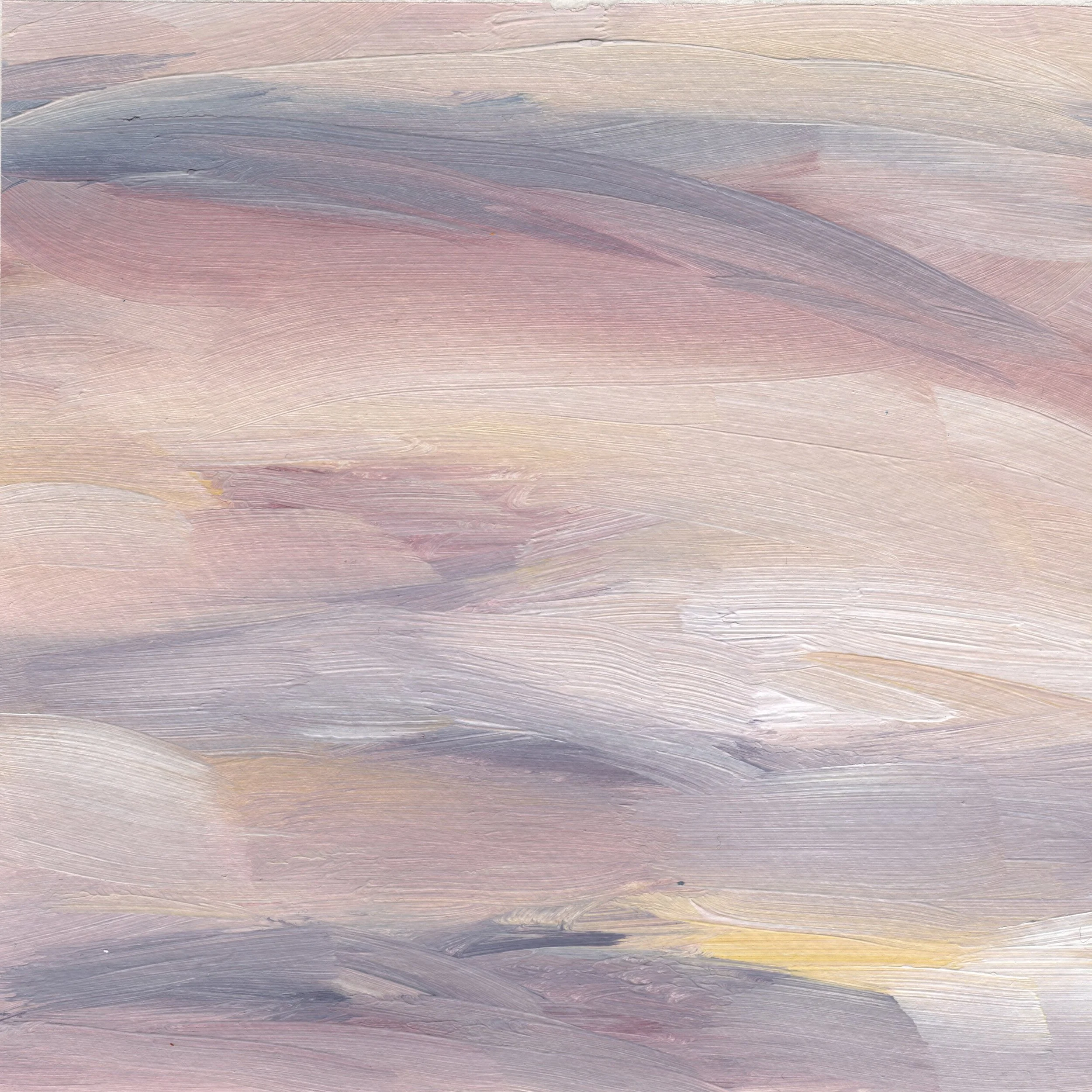 Abstract painting with broad, sweeping strokes of pink, purple, and yellow colors.